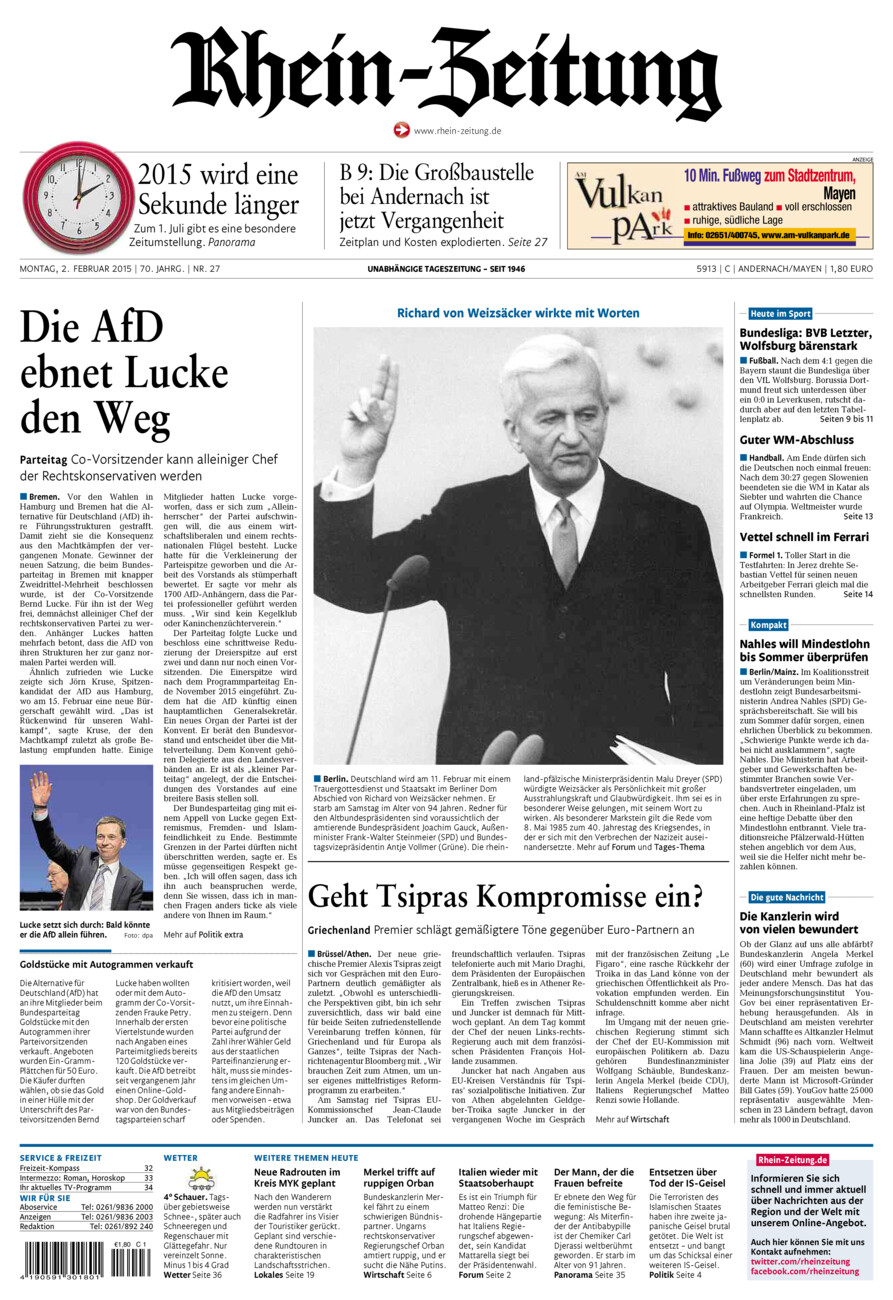 Rhein-Zeitung Andernach & Mayen vom Montag, 02.02.2015