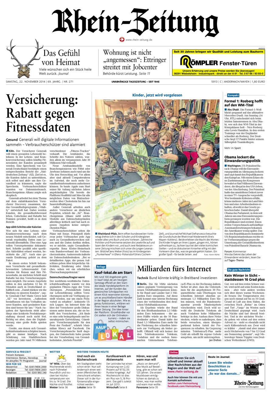 Rhein-Zeitung Andernach & Mayen vom Samstag, 22.11.2014