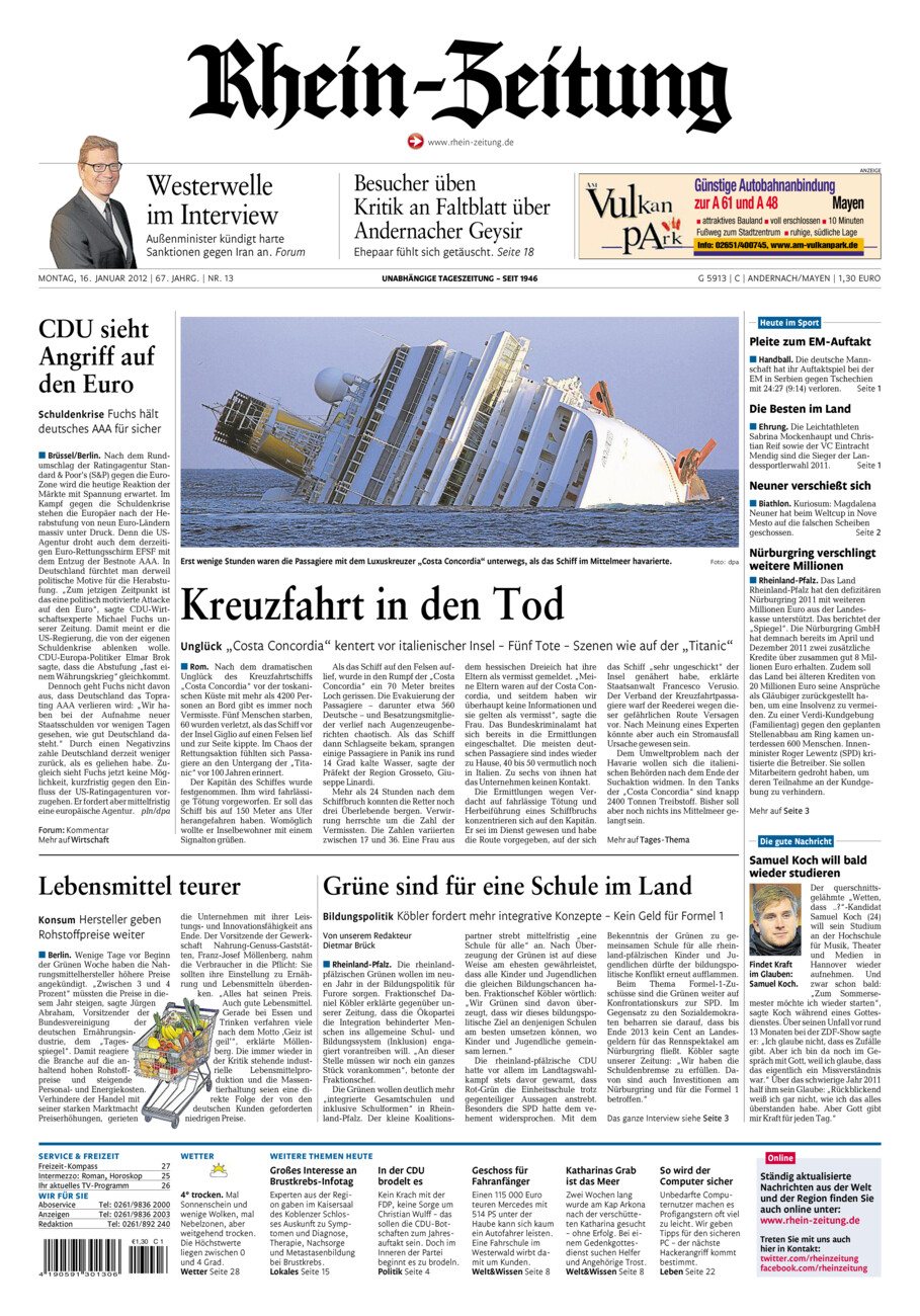 Rhein-Zeitung Andernach & Mayen vom Montag, 16.01.2012