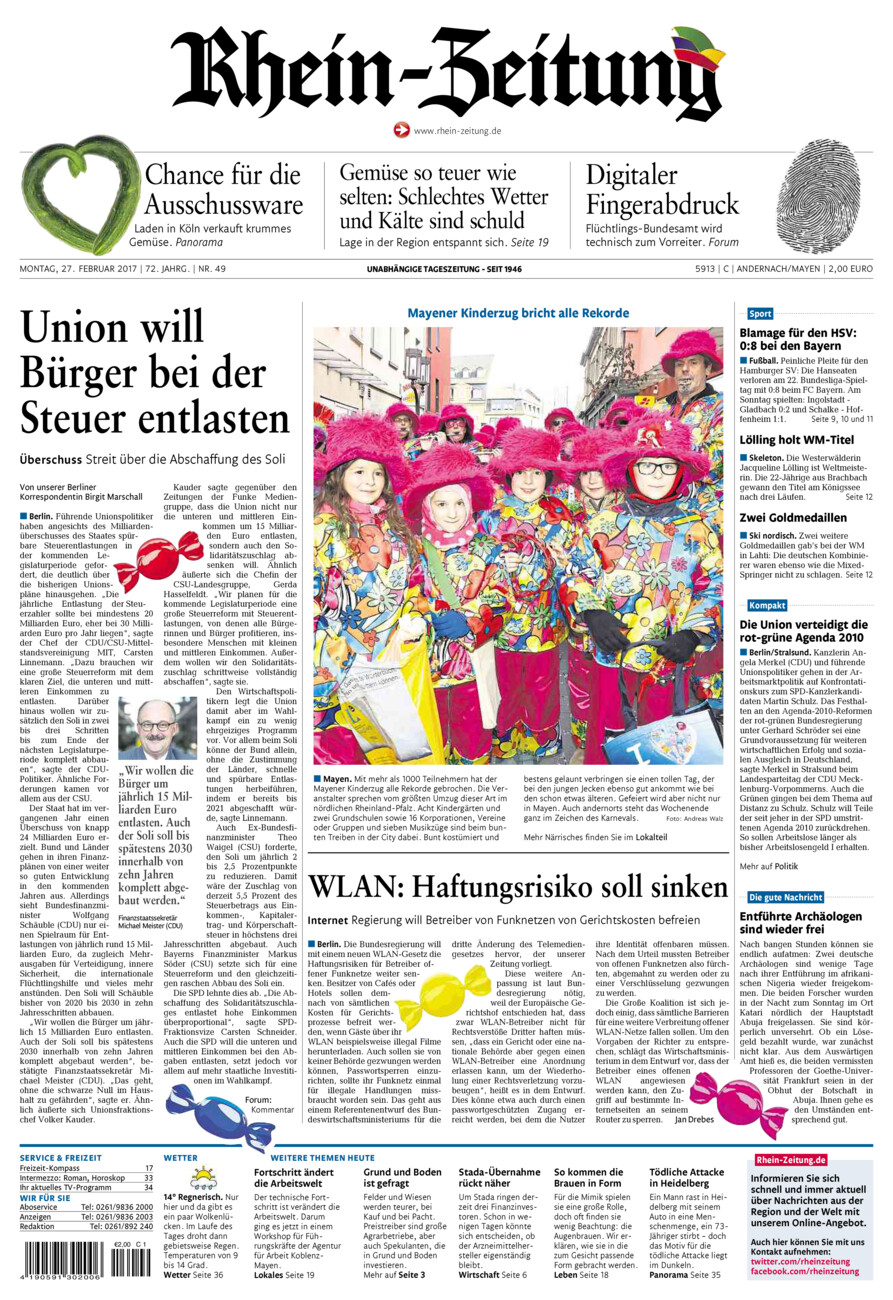 Rhein-Zeitung Andernach & Mayen vom Montag, 27.02.2017