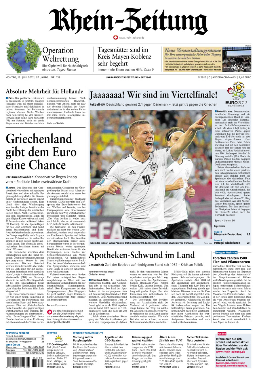 Rhein-Zeitung Andernach & Mayen vom Montag, 18.06.2012