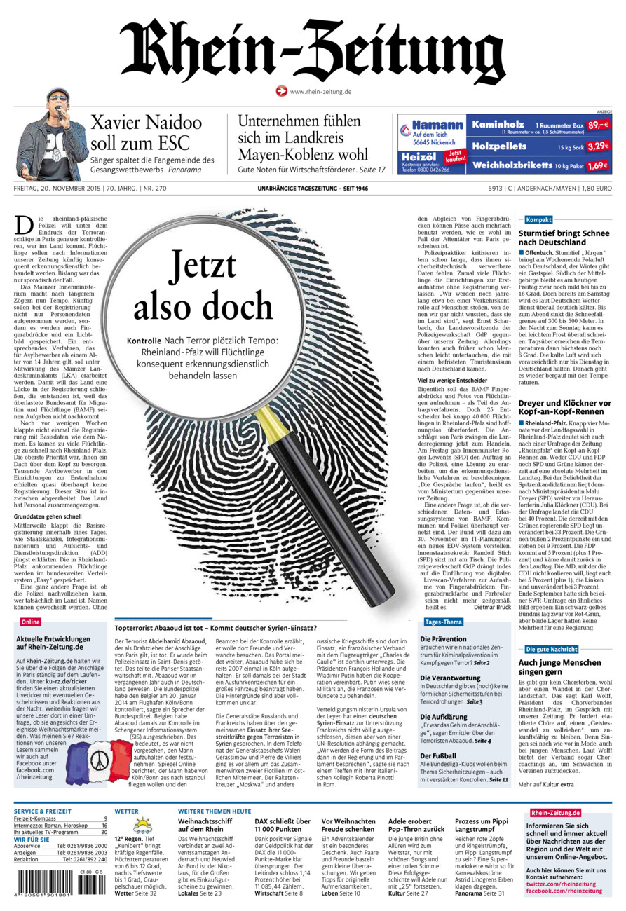 Rhein-Zeitung Andernach & Mayen vom Freitag, 20.11.2015