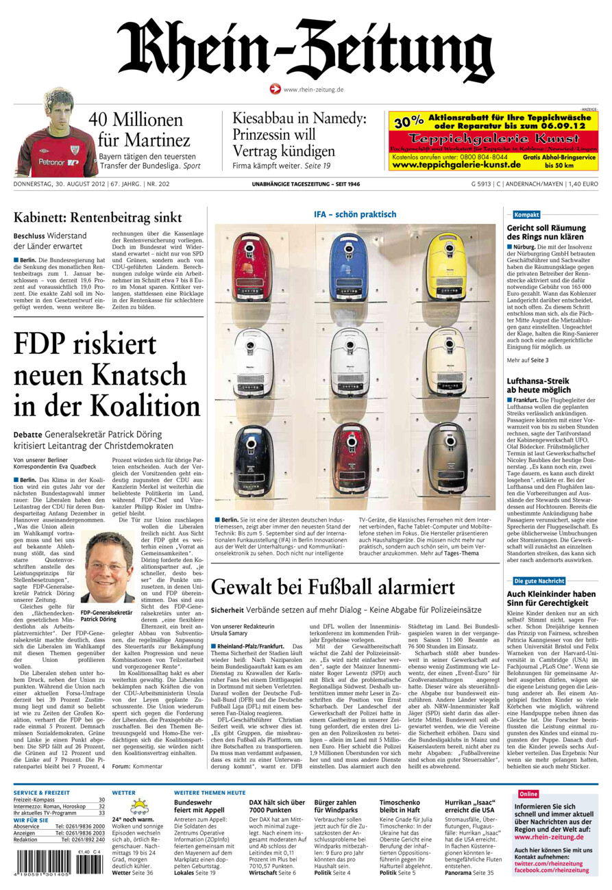 Rhein-Zeitung Andernach & Mayen vom Donnerstag, 30.08.2012