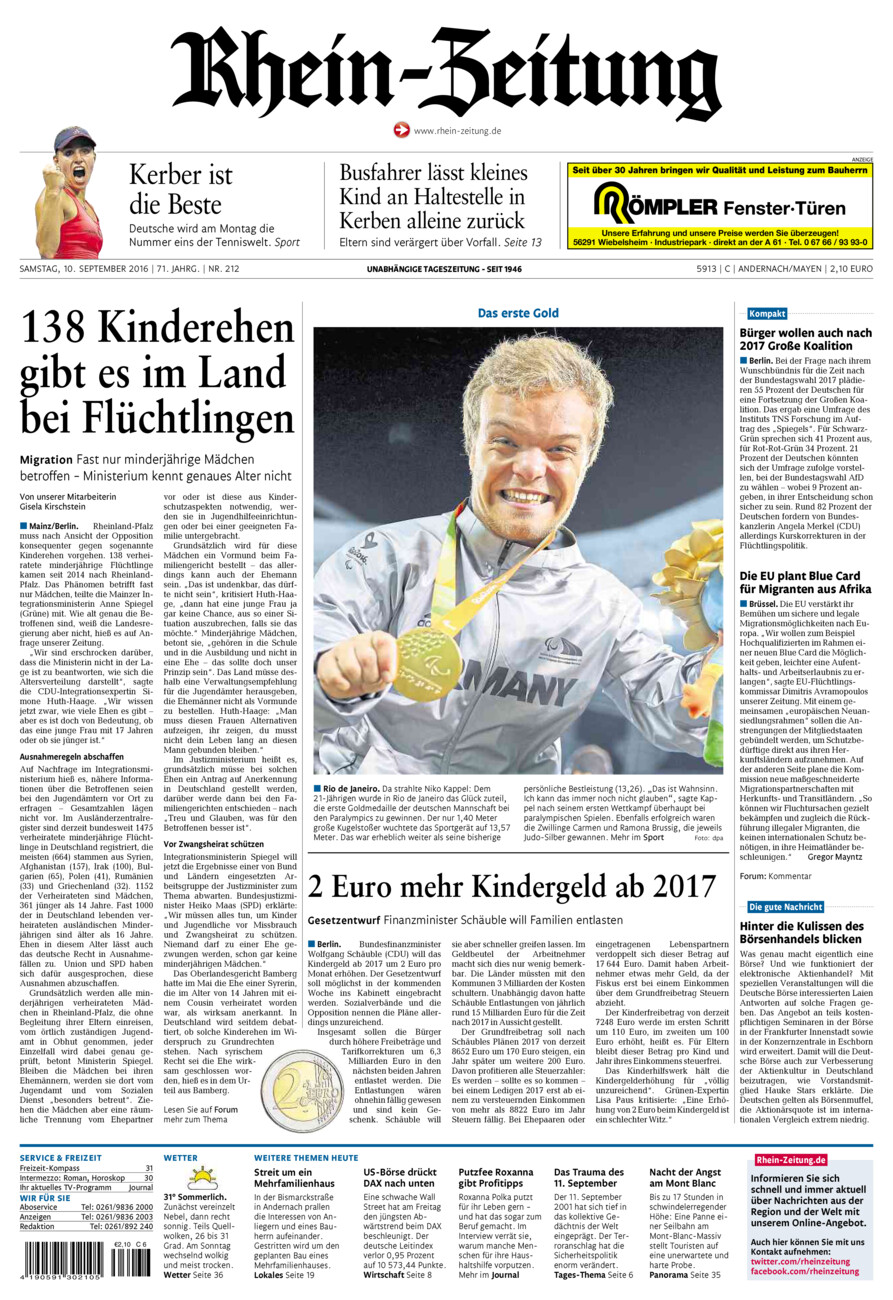 Rhein-Zeitung Andernach & Mayen vom Samstag, 10.09.2016