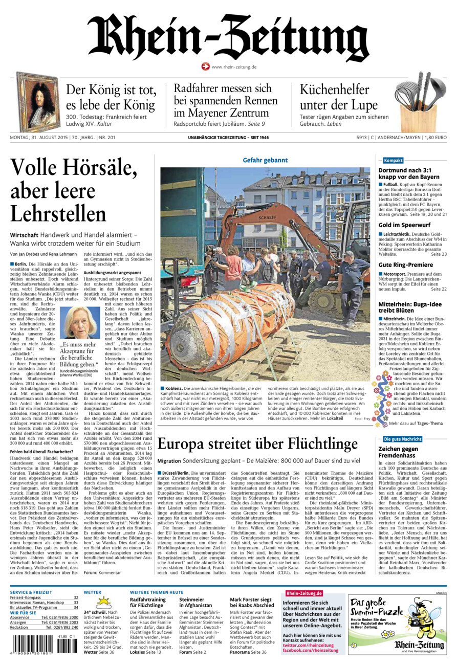 Rhein-Zeitung Andernach & Mayen vom Montag, 31.08.2015