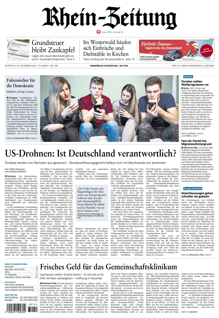 Rhein-Zeitung Kreis Altenkirchen vom Mittwoch, 18.12.2024