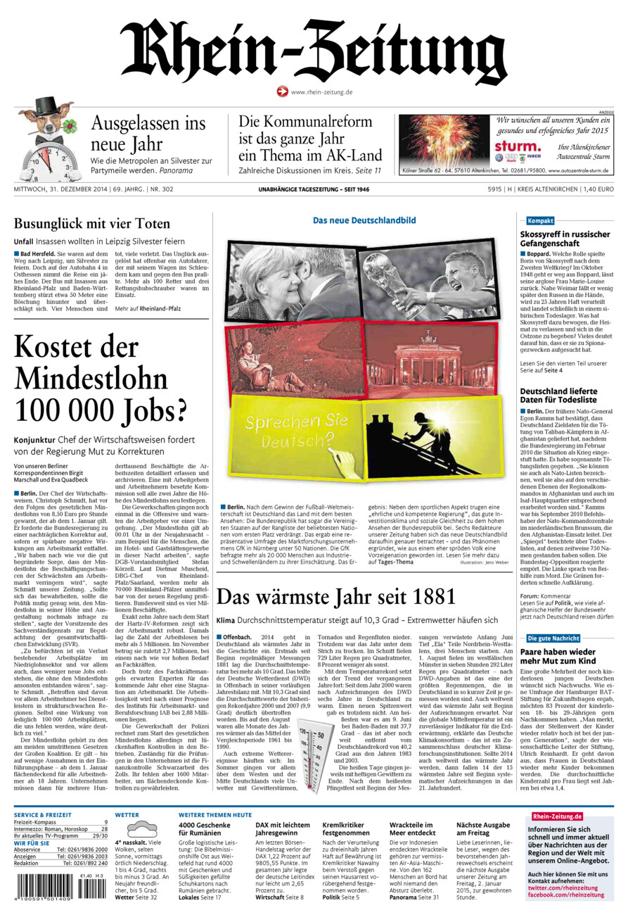 Rhein-Zeitung Kreis Altenkirchen vom Mittwoch, 31.12.2014