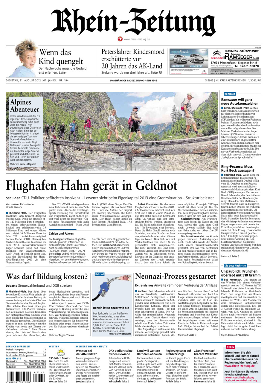 Rhein-Zeitung Kreis Altenkirchen vom Dienstag, 21.08.2012
