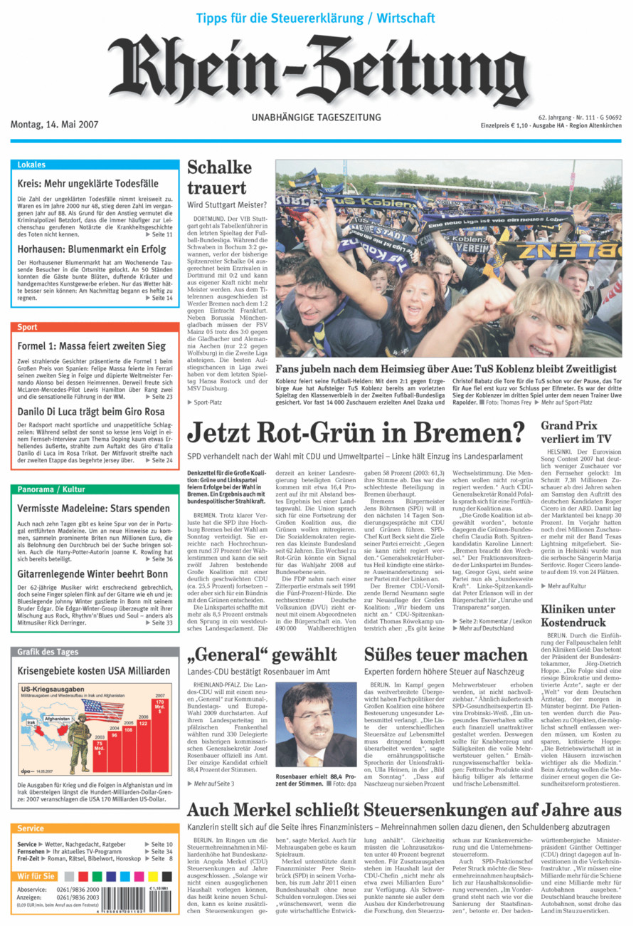 Rhein-Zeitung Kreis Altenkirchen vom Montag, 14.05.2007