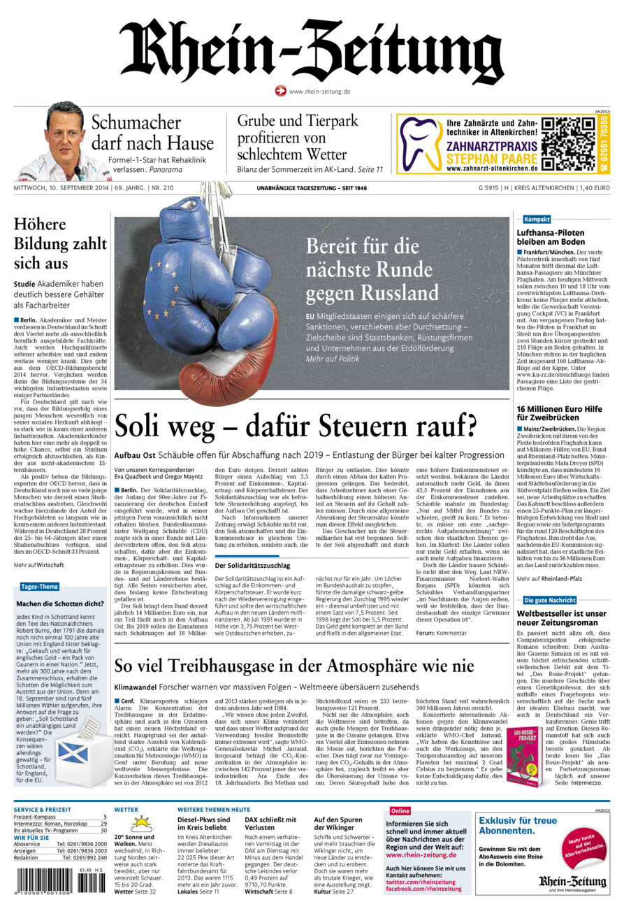 Rhein-Zeitung Kreis Altenkirchen vom Mittwoch, 10.09.2014