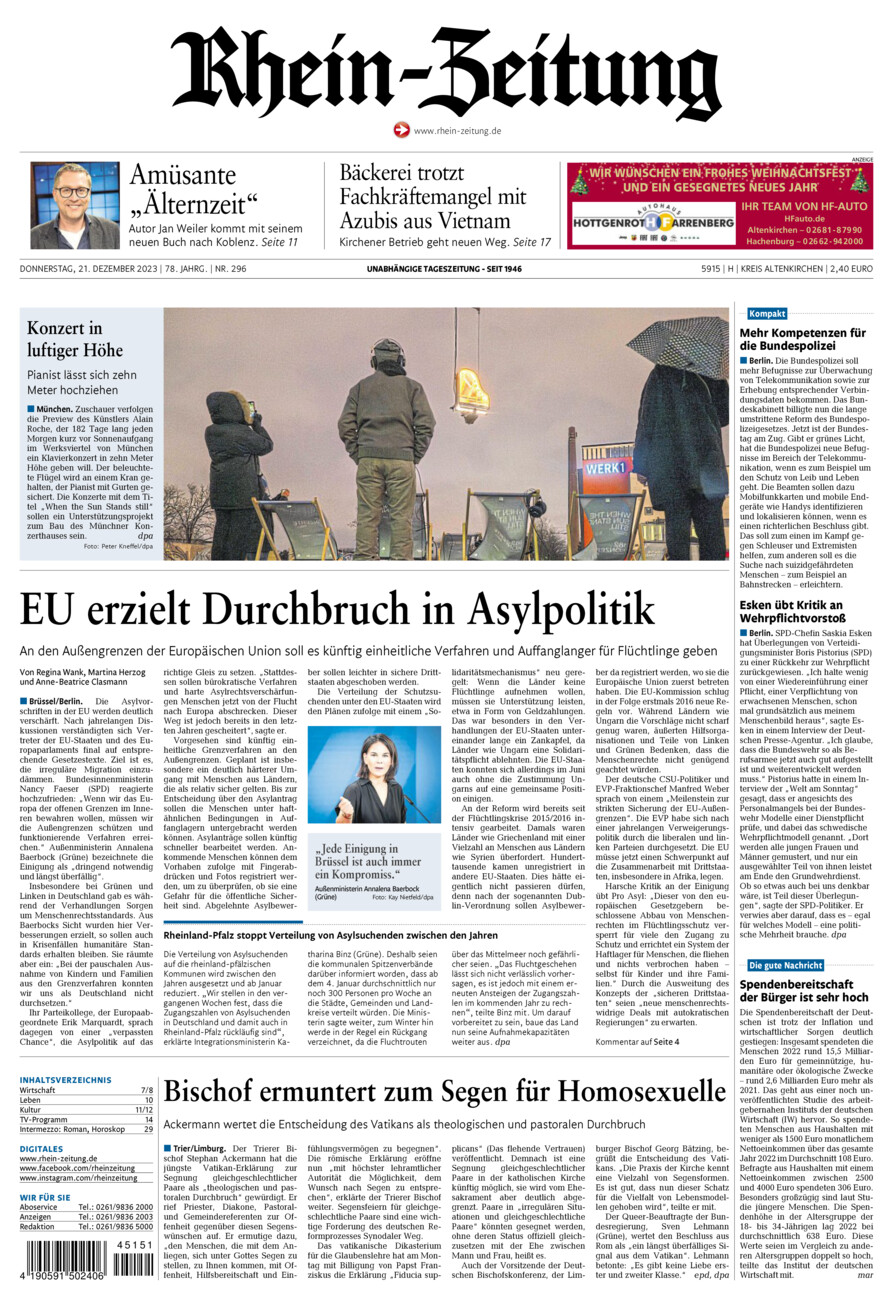 Rhein-Zeitung Kreis Altenkirchen vom Donnerstag, 21.12.2023