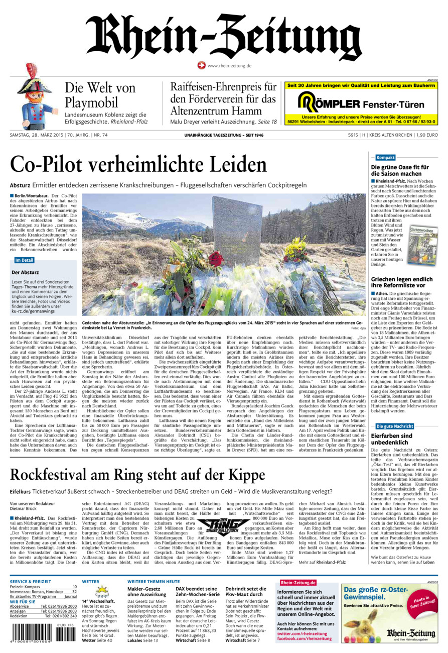 Rhein-Zeitung Kreis Altenkirchen vom Samstag, 28.03.2015