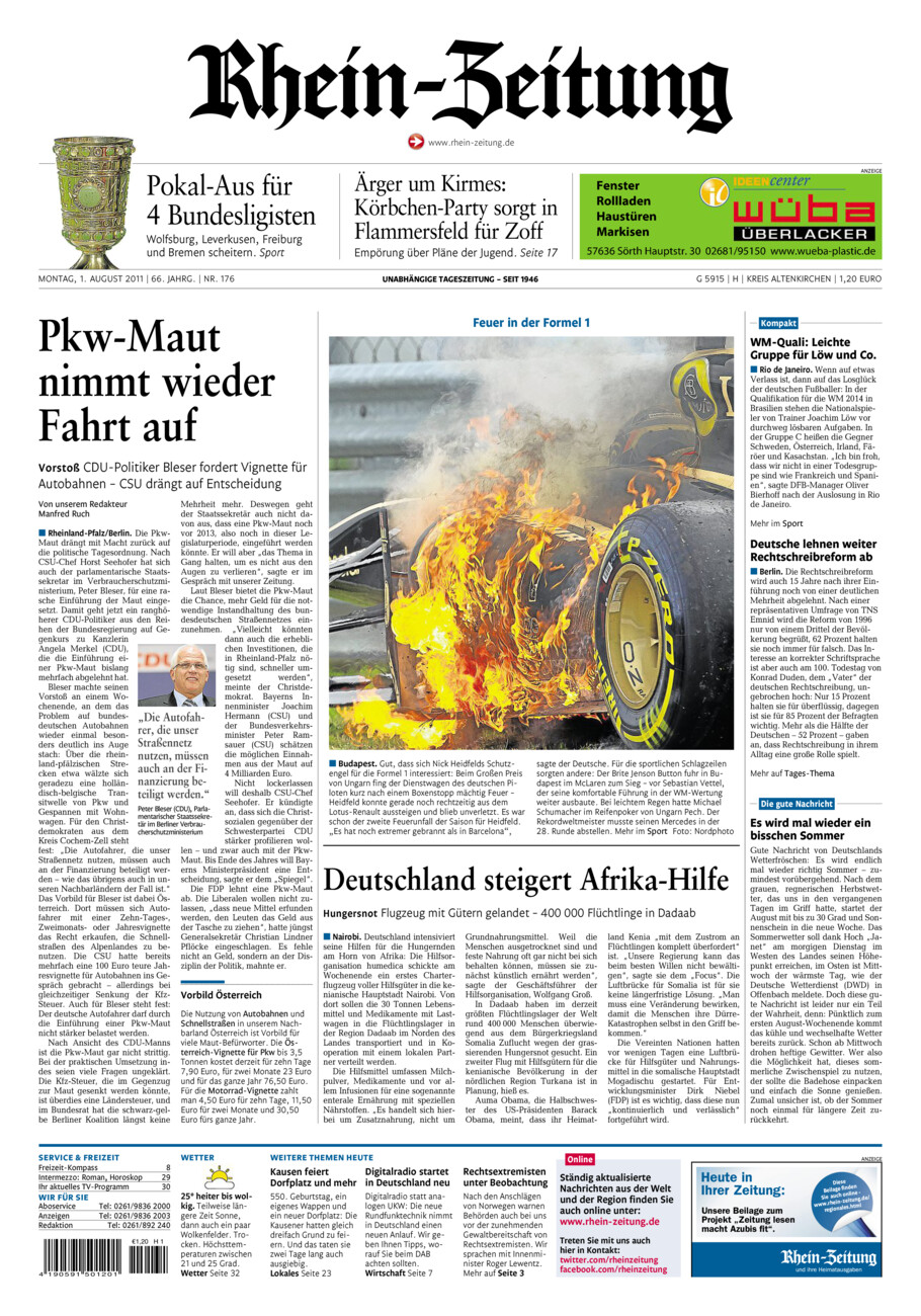 Rhein-Zeitung Kreis Altenkirchen vom Montag, 01.08.2011
