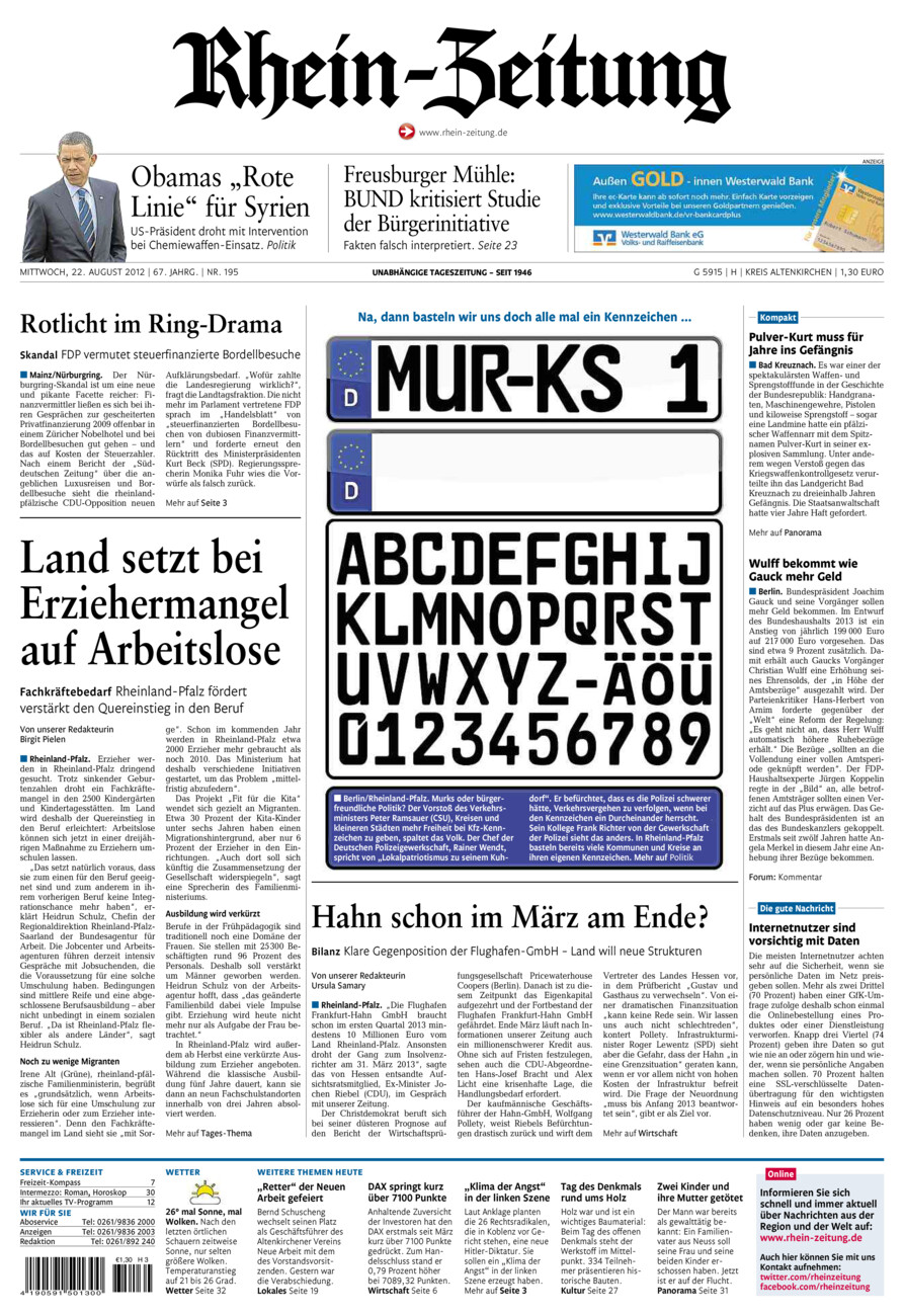 Rhein-Zeitung Kreis Altenkirchen vom Mittwoch, 22.08.2012