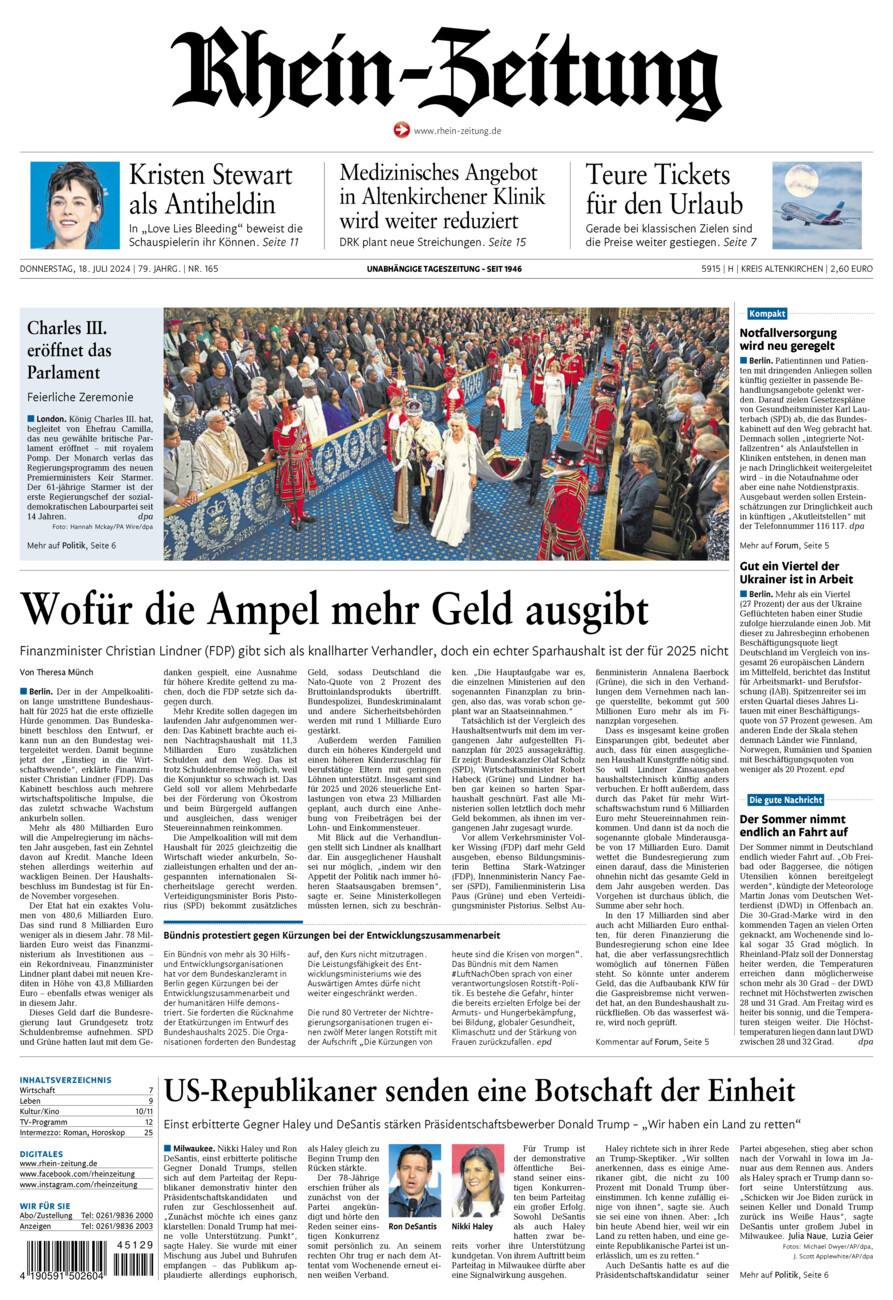 Rhein-Zeitung Kreis Altenkirchen vom Donnerstag, 18.07.2024