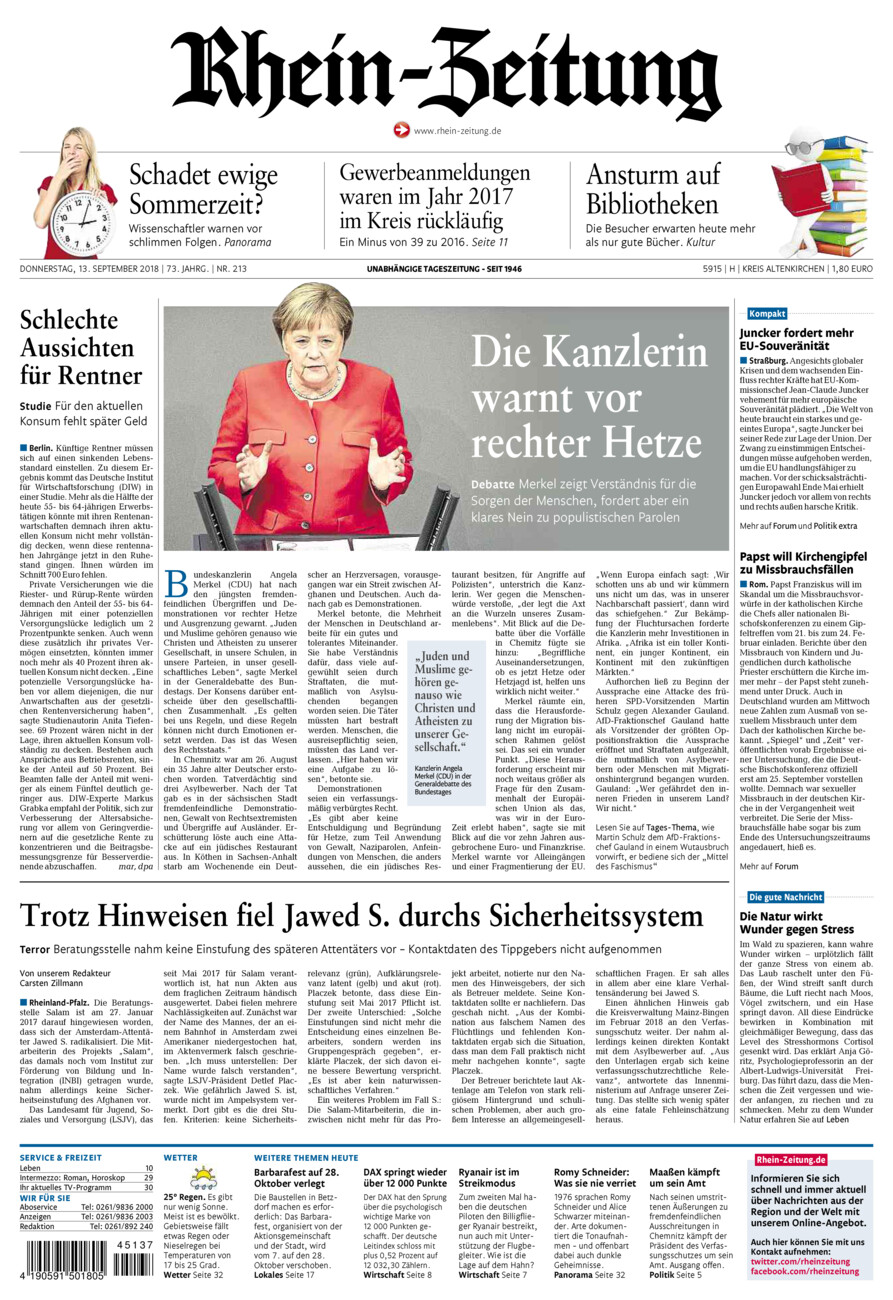 Rhein-Zeitung Kreis Altenkirchen vom Donnerstag, 13.09.2018