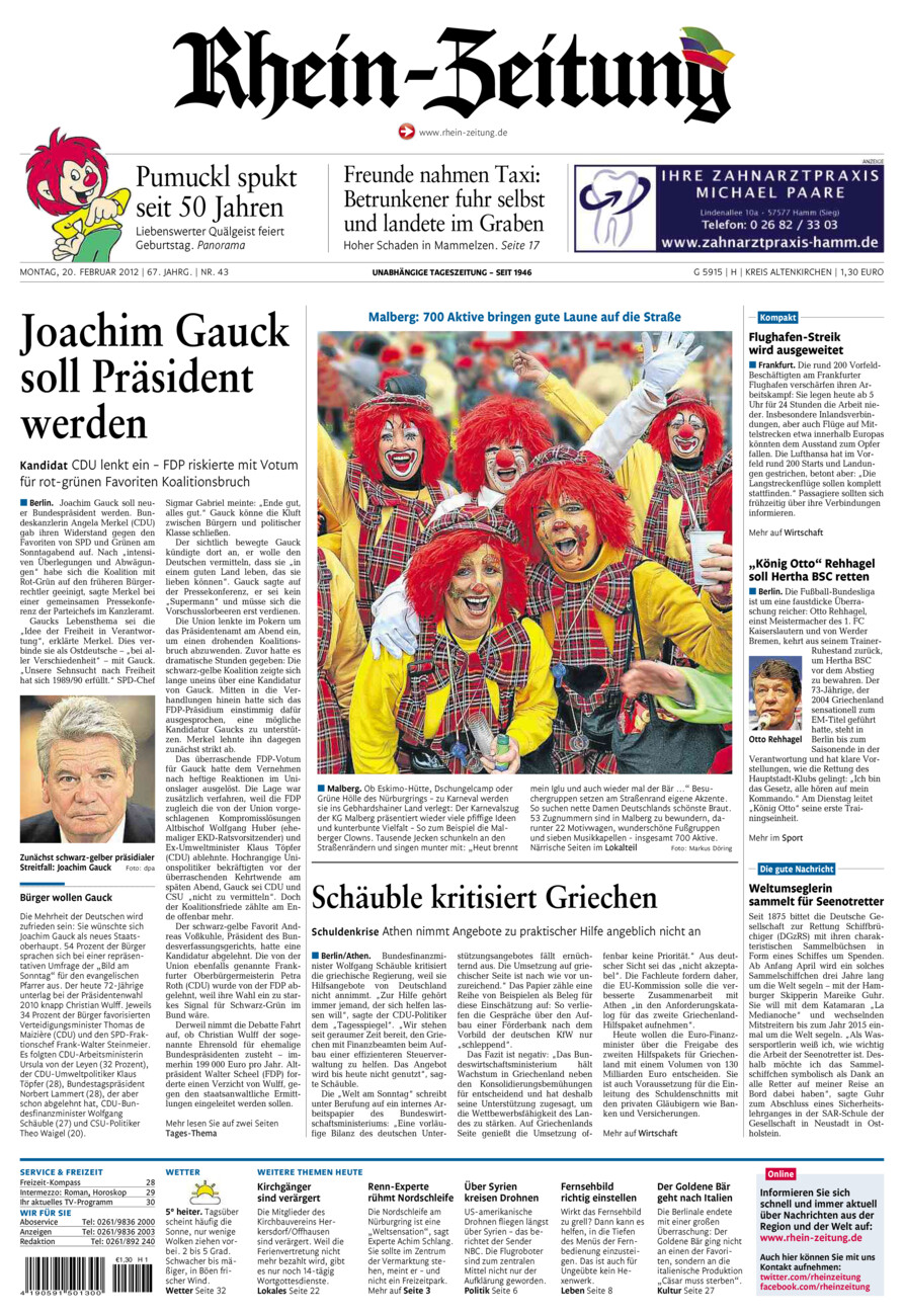 Rhein-Zeitung Kreis Altenkirchen vom Montag, 20.02.2012