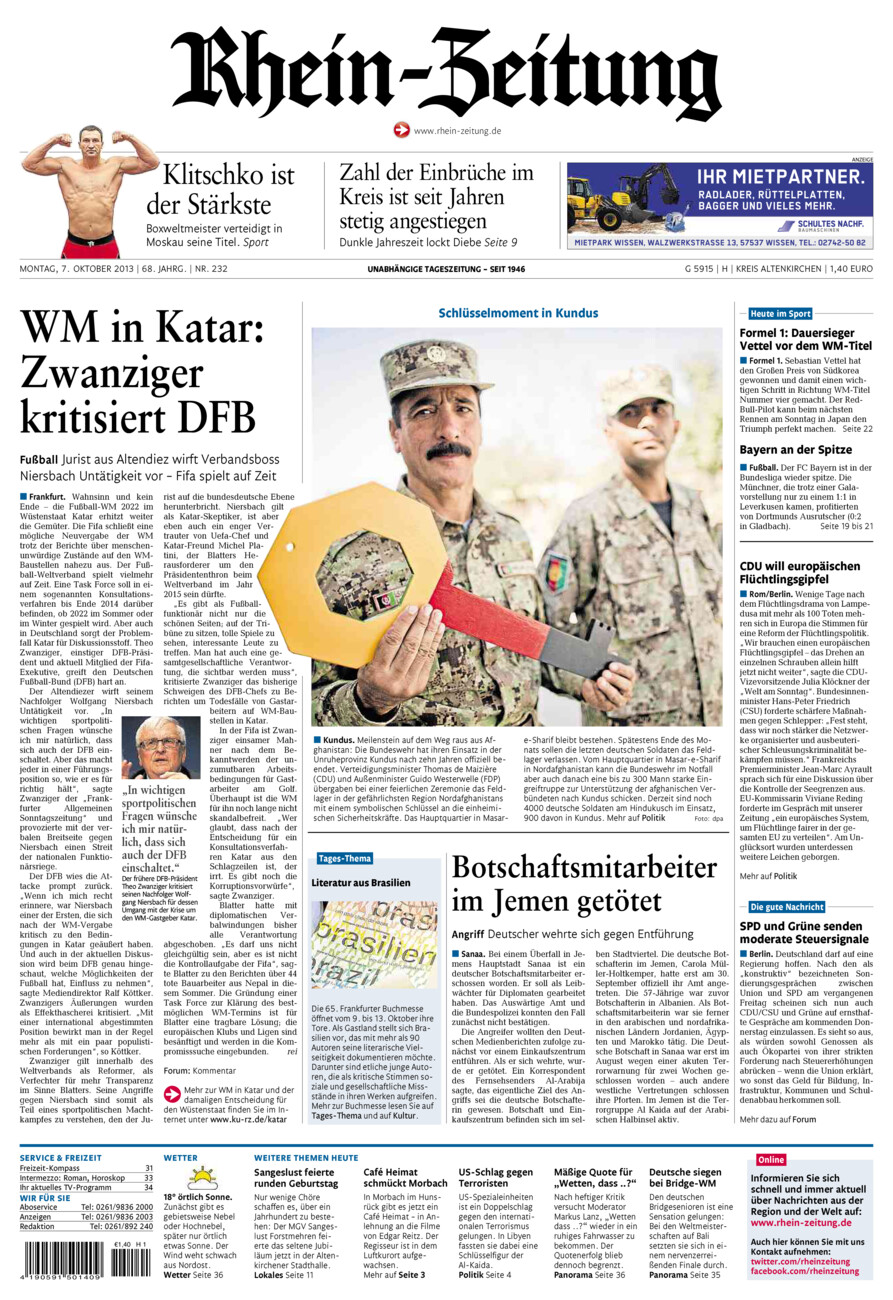 Rhein-Zeitung Kreis Altenkirchen vom Montag, 07.10.2013