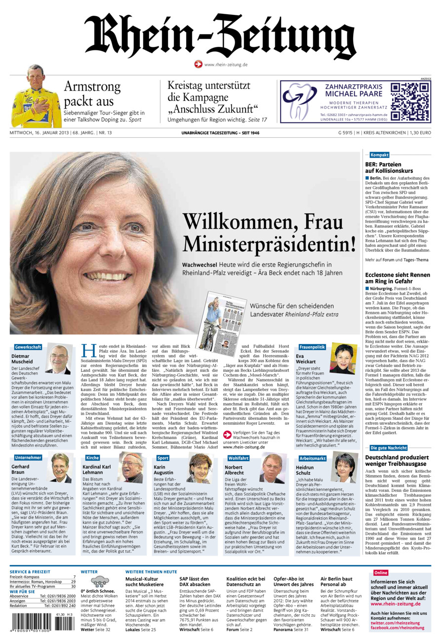 Rhein-Zeitung Kreis Altenkirchen vom Mittwoch, 16.01.2013