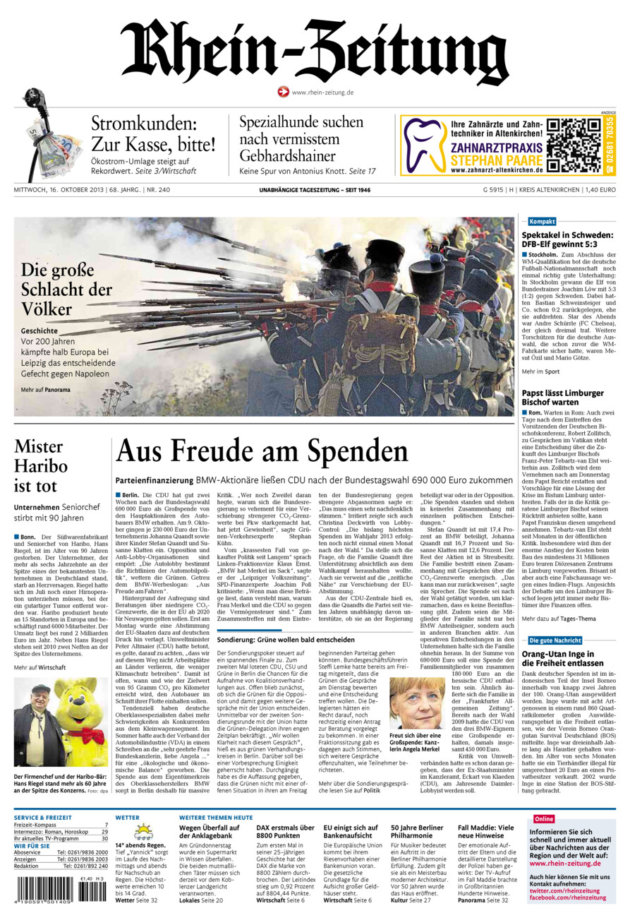 Rhein-Zeitung Kreis Altenkirchen vom Mittwoch, 16.10.2013