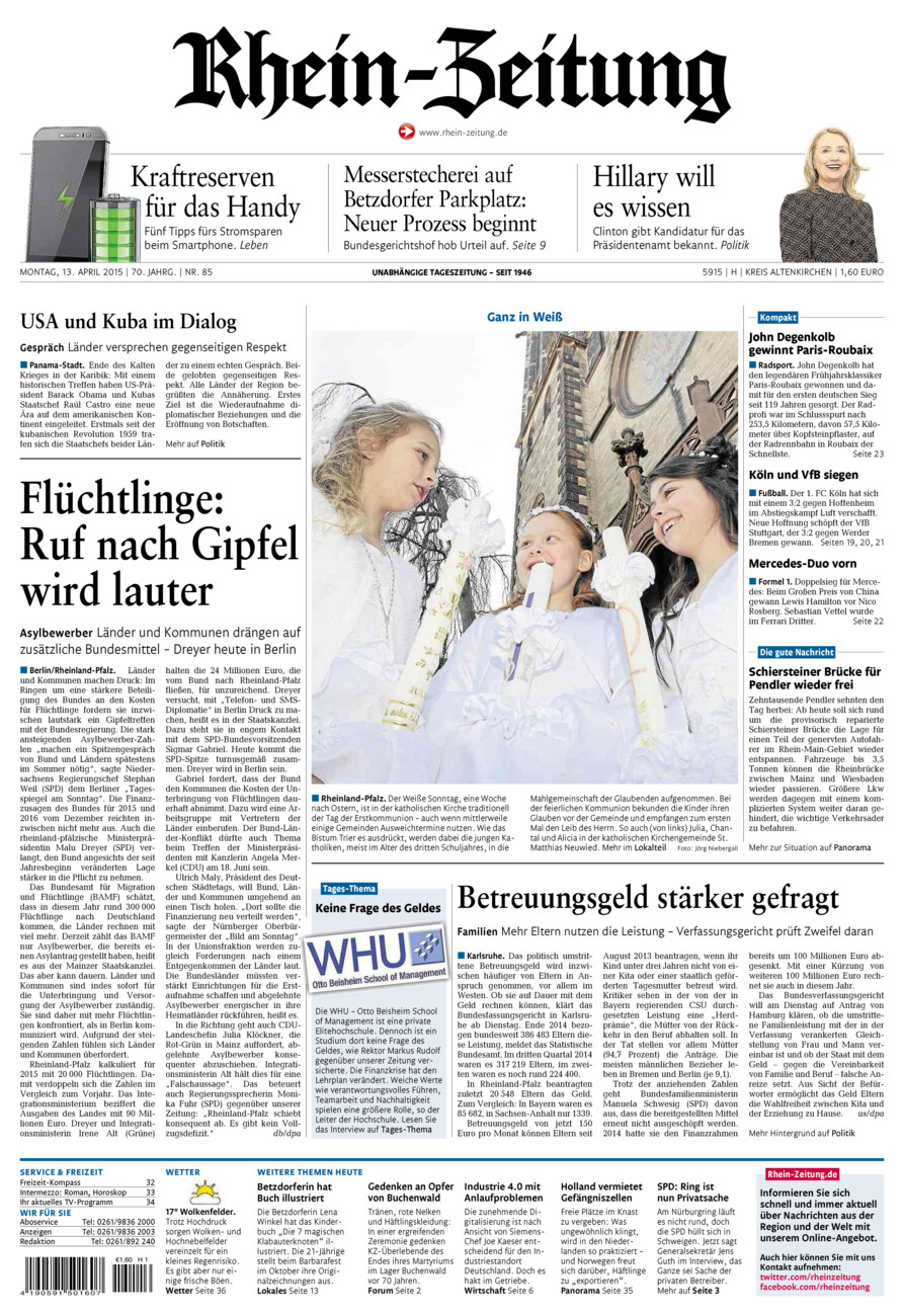 Rhein-Zeitung Kreis Altenkirchen vom Montag, 13.04.2015