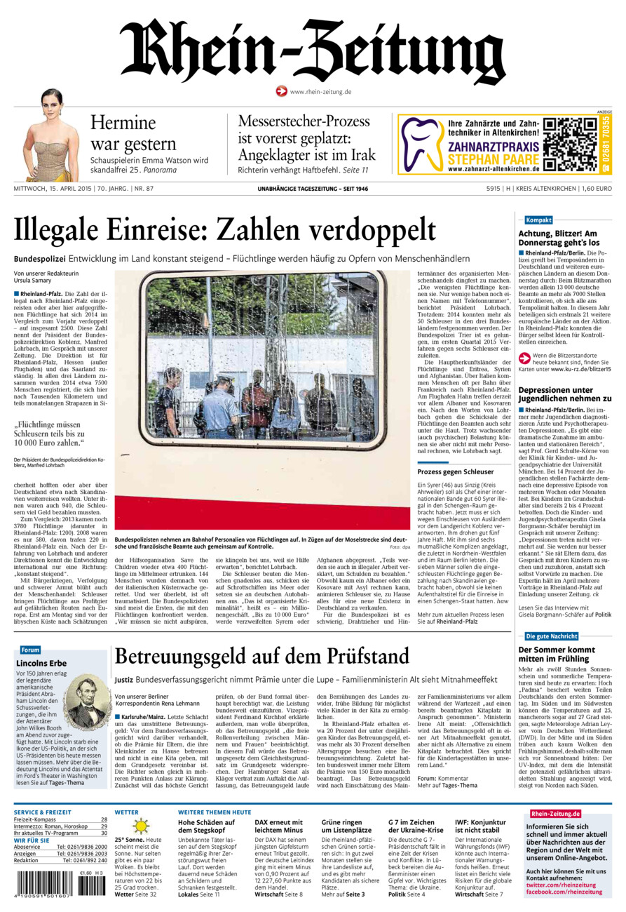 Rhein-Zeitung Kreis Altenkirchen vom Mittwoch, 15.04.2015