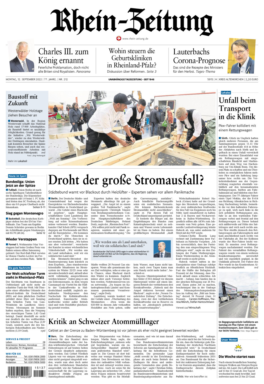 Rhein-Zeitung Kreis Altenkirchen vom Montag, 12.09.2022