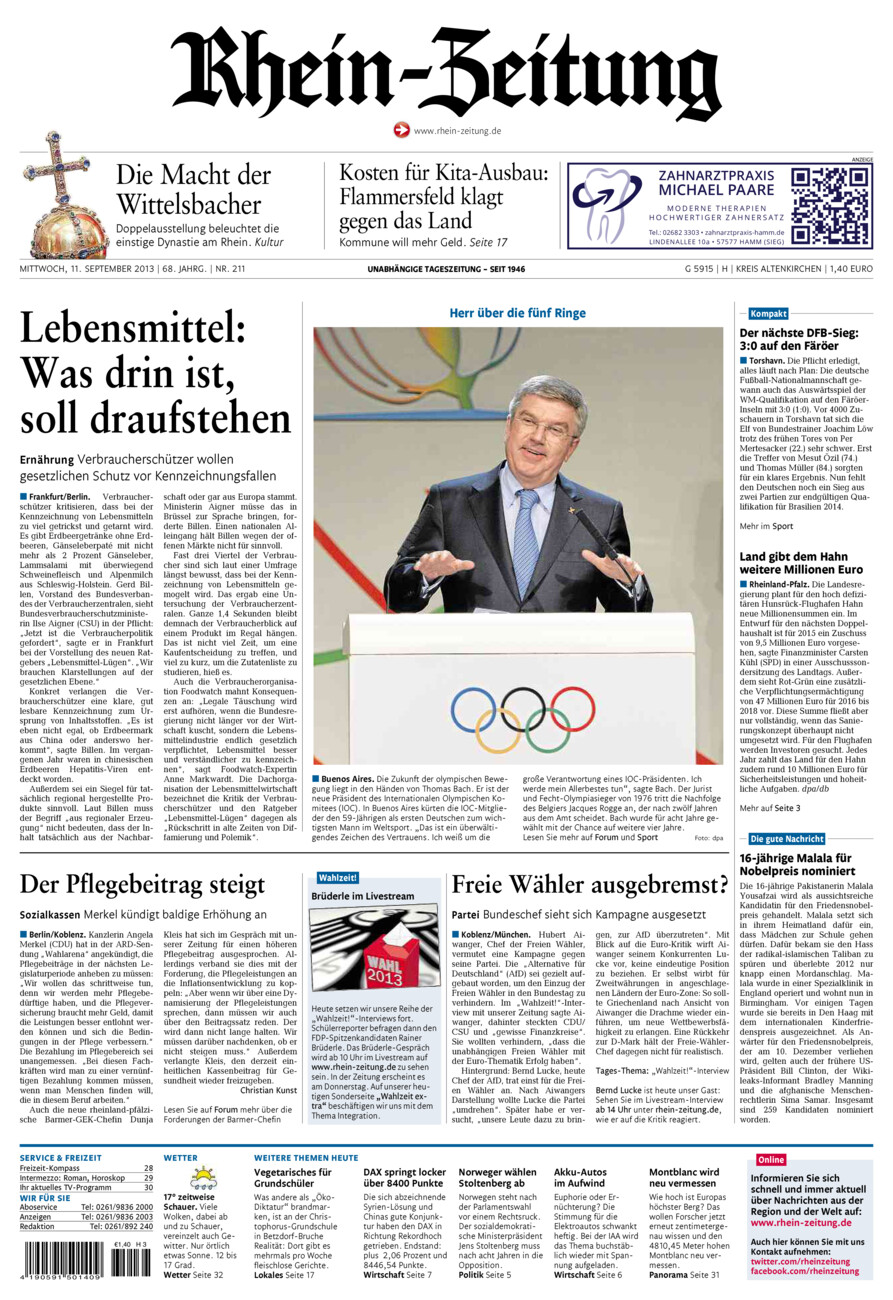 Rhein-Zeitung Kreis Altenkirchen vom Mittwoch, 11.09.2013