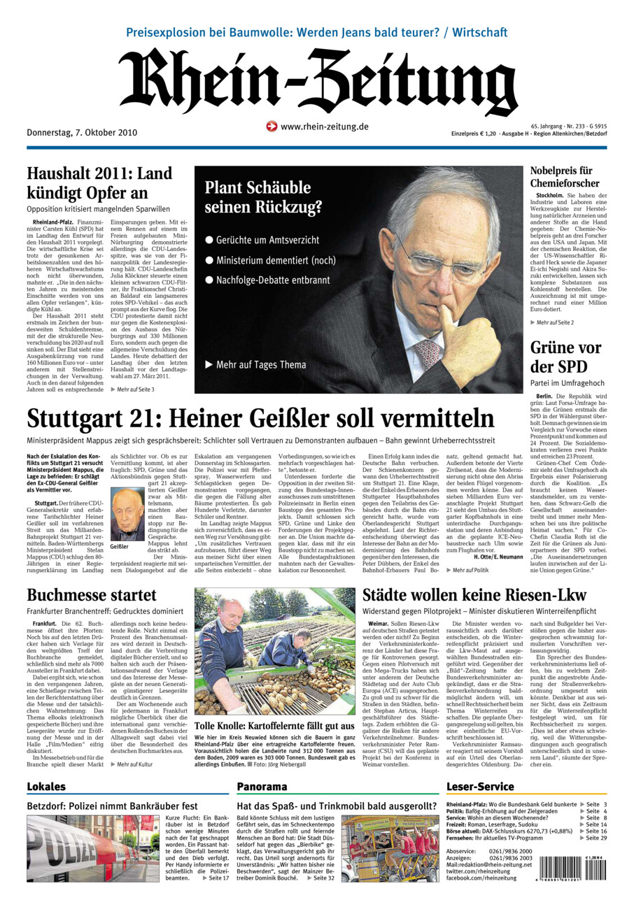 Rhein-Zeitung Kreis Altenkirchen vom Donnerstag, 07.10.2010