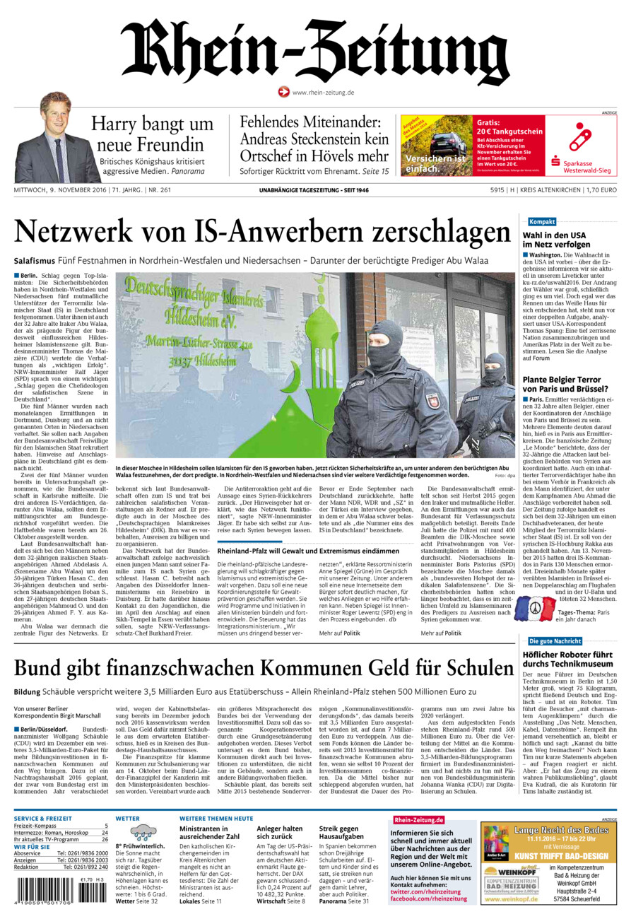 Rhein-Zeitung Kreis Altenkirchen vom Mittwoch, 09.11.2016