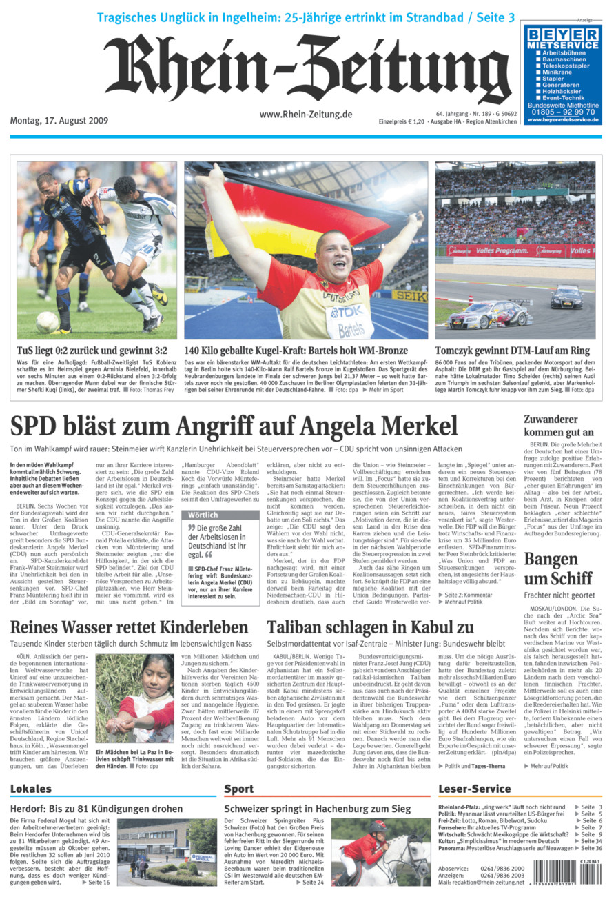 Rhein-Zeitung Kreis Altenkirchen vom Montag, 17.08.2009