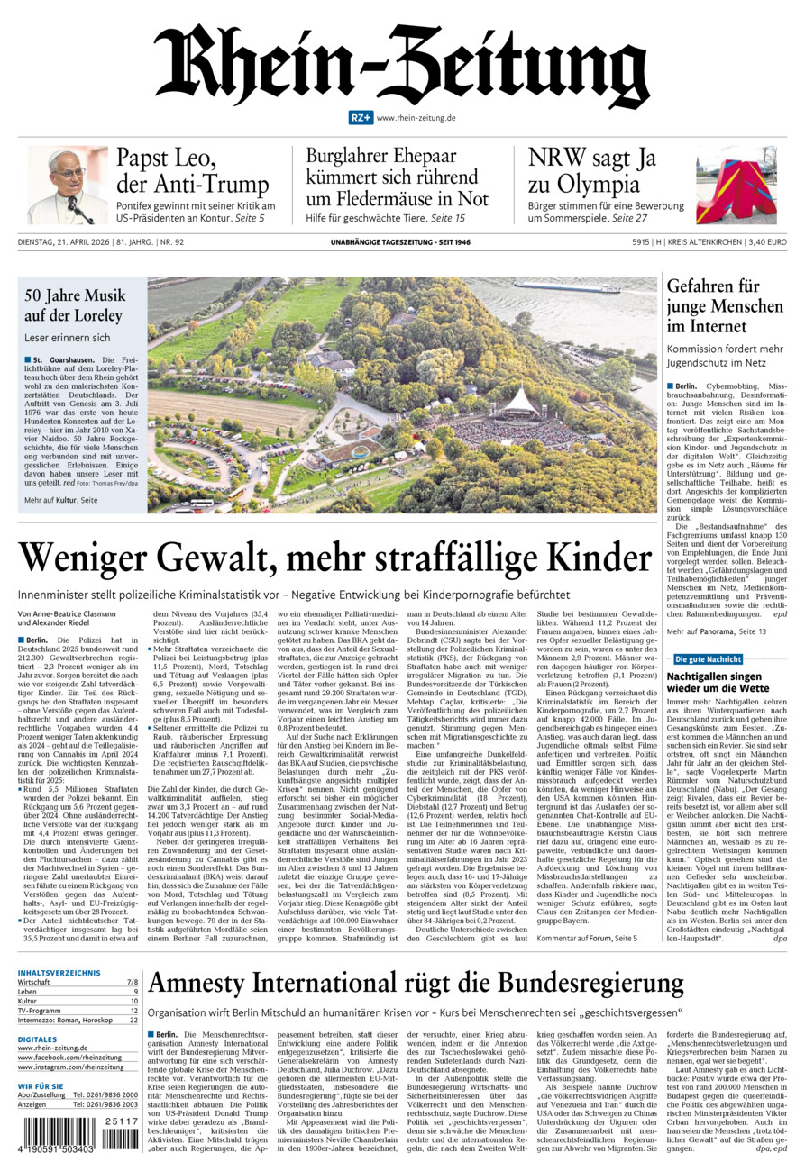 Rhein-Zeitung Kreis Altenkirchen vom Dienstag, 21.04.2026