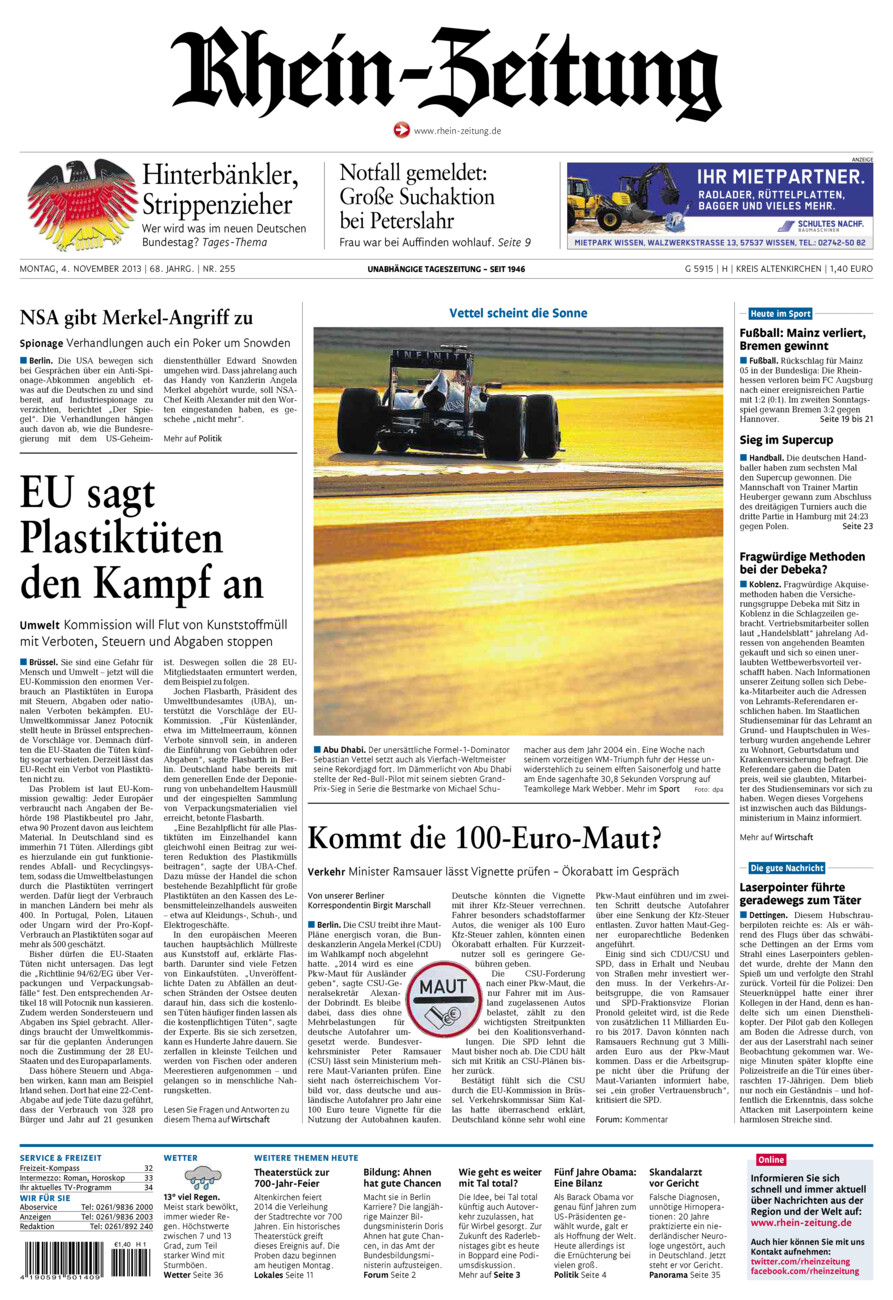 Rhein-Zeitung Kreis Altenkirchen vom Montag, 04.11.2013