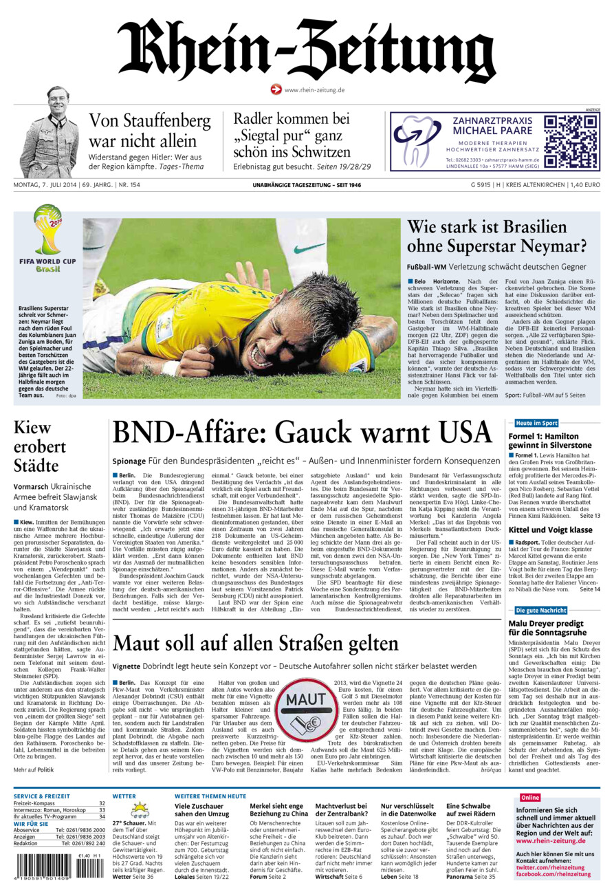 Rhein-Zeitung Kreis Altenkirchen vom Montag, 07.07.2014