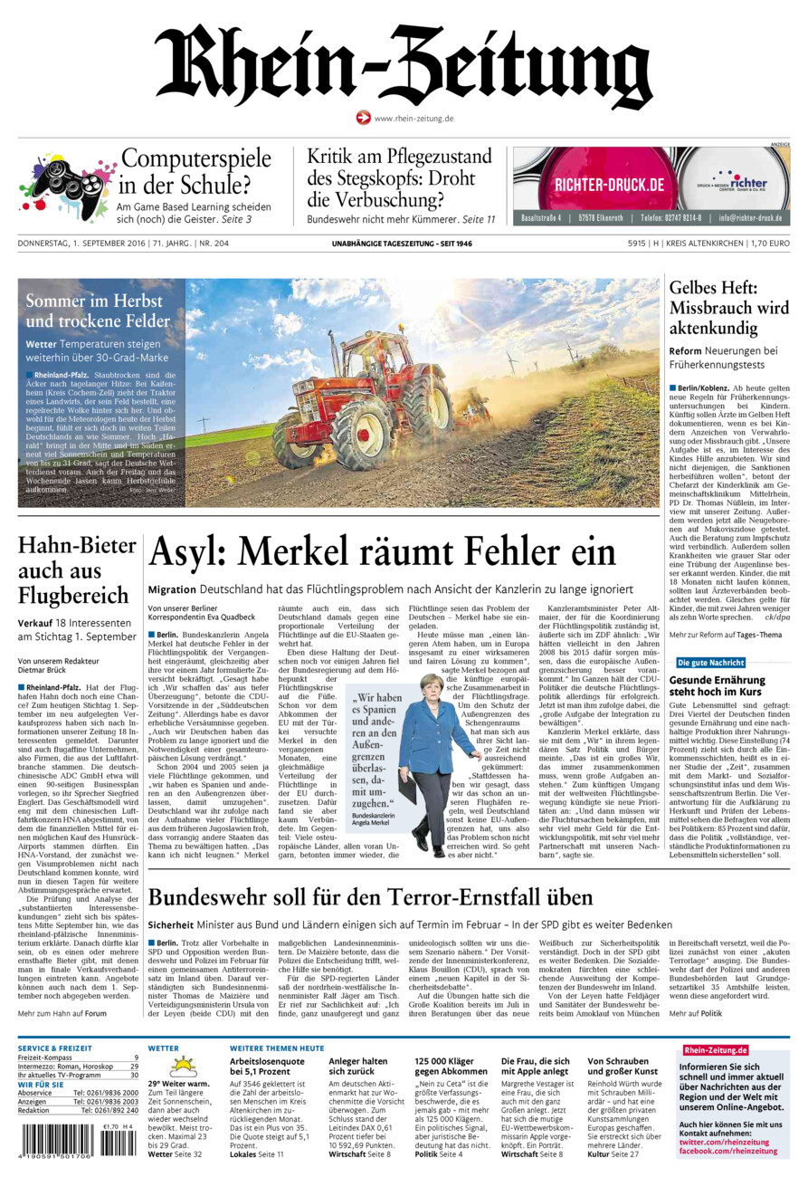 Rhein-Zeitung Kreis Altenkirchen vom Donnerstag, 01.09.2016