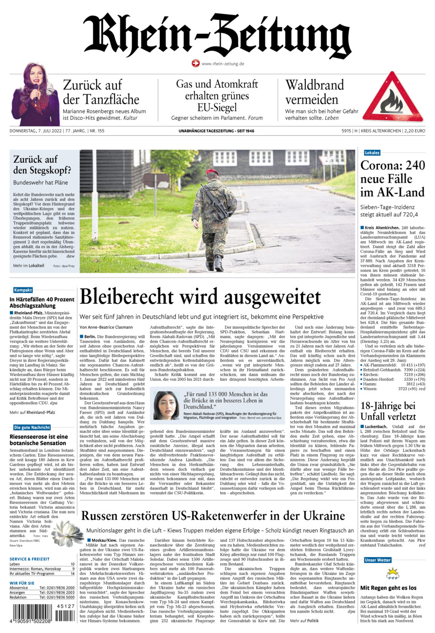 Rhein-Zeitung Kreis Altenkirchen vom Donnerstag, 07.07.2022