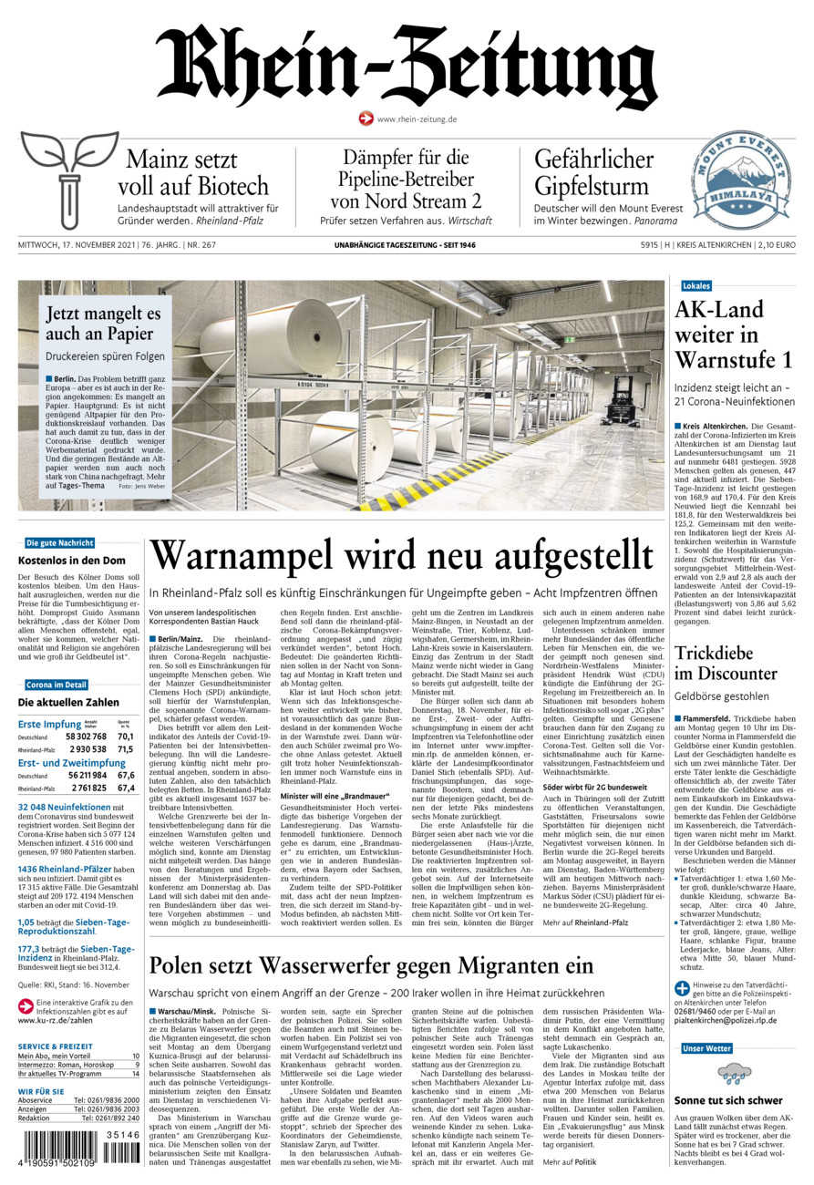 Rhein-Zeitung Kreis Altenkirchen vom Mittwoch, 17.11.2021