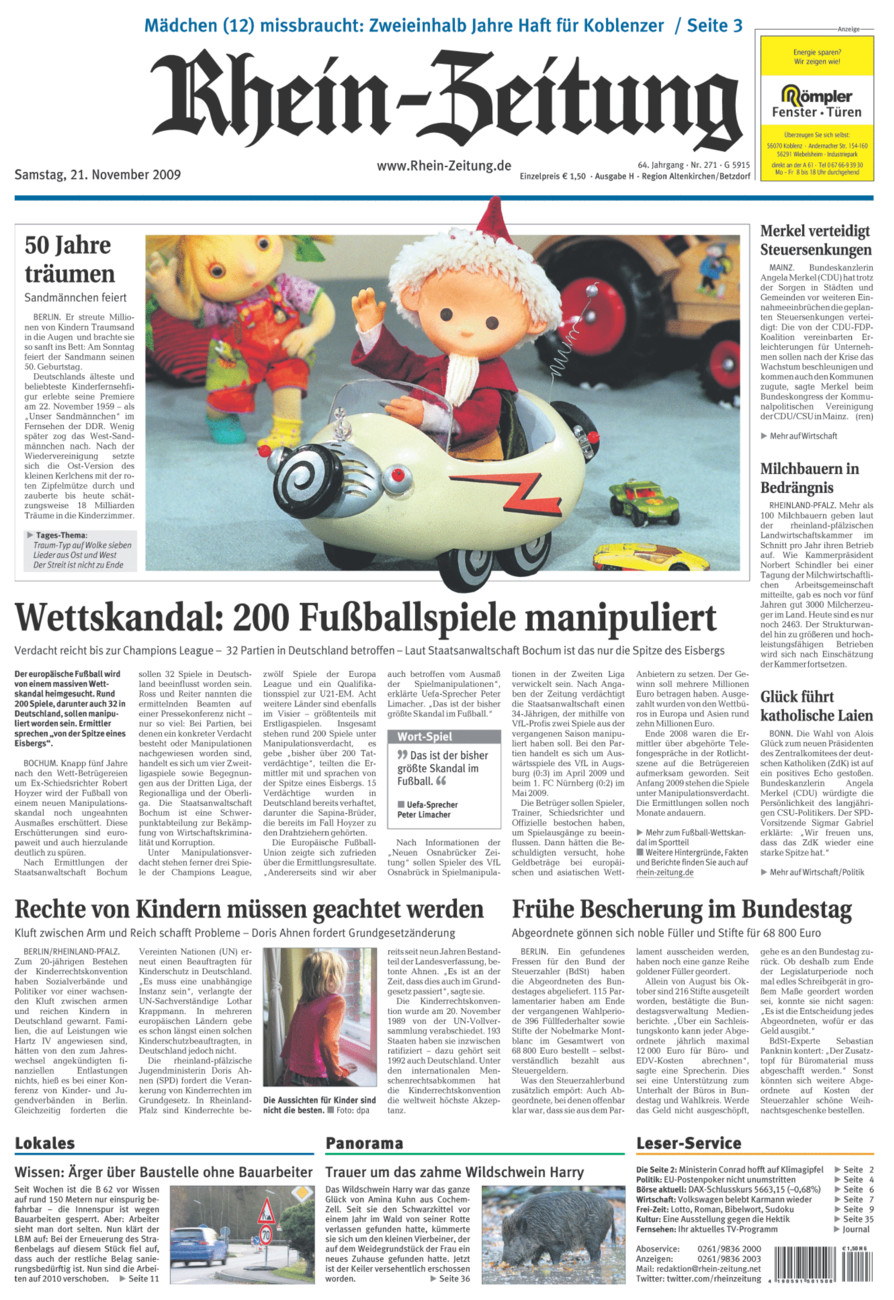 Rhein-Zeitung Kreis Altenkirchen vom Samstag, 21.11.2009
