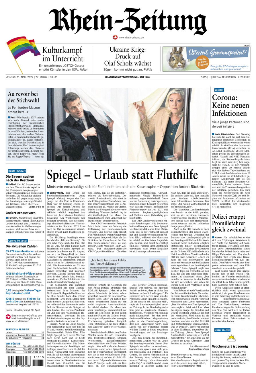 Rhein-Zeitung Kreis Altenkirchen vom Montag, 11.04.2022