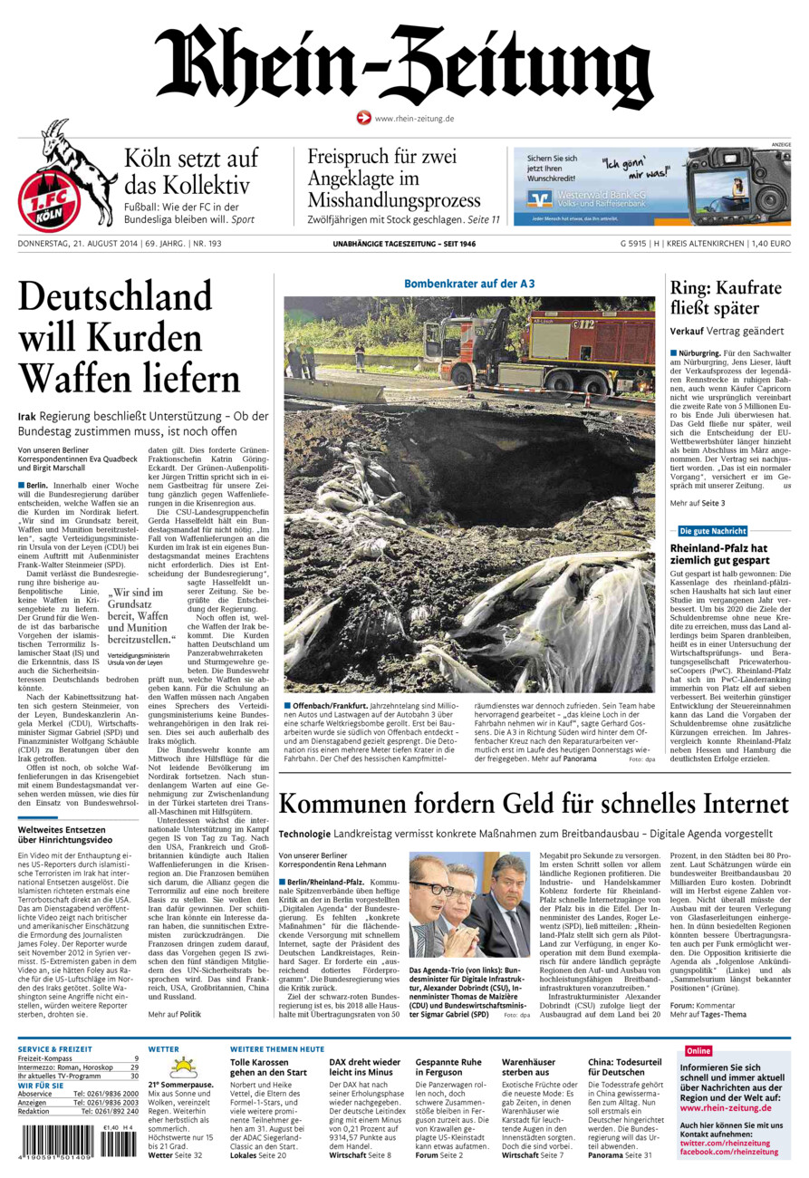 Rhein-Zeitung Kreis Altenkirchen vom Donnerstag, 21.08.2014