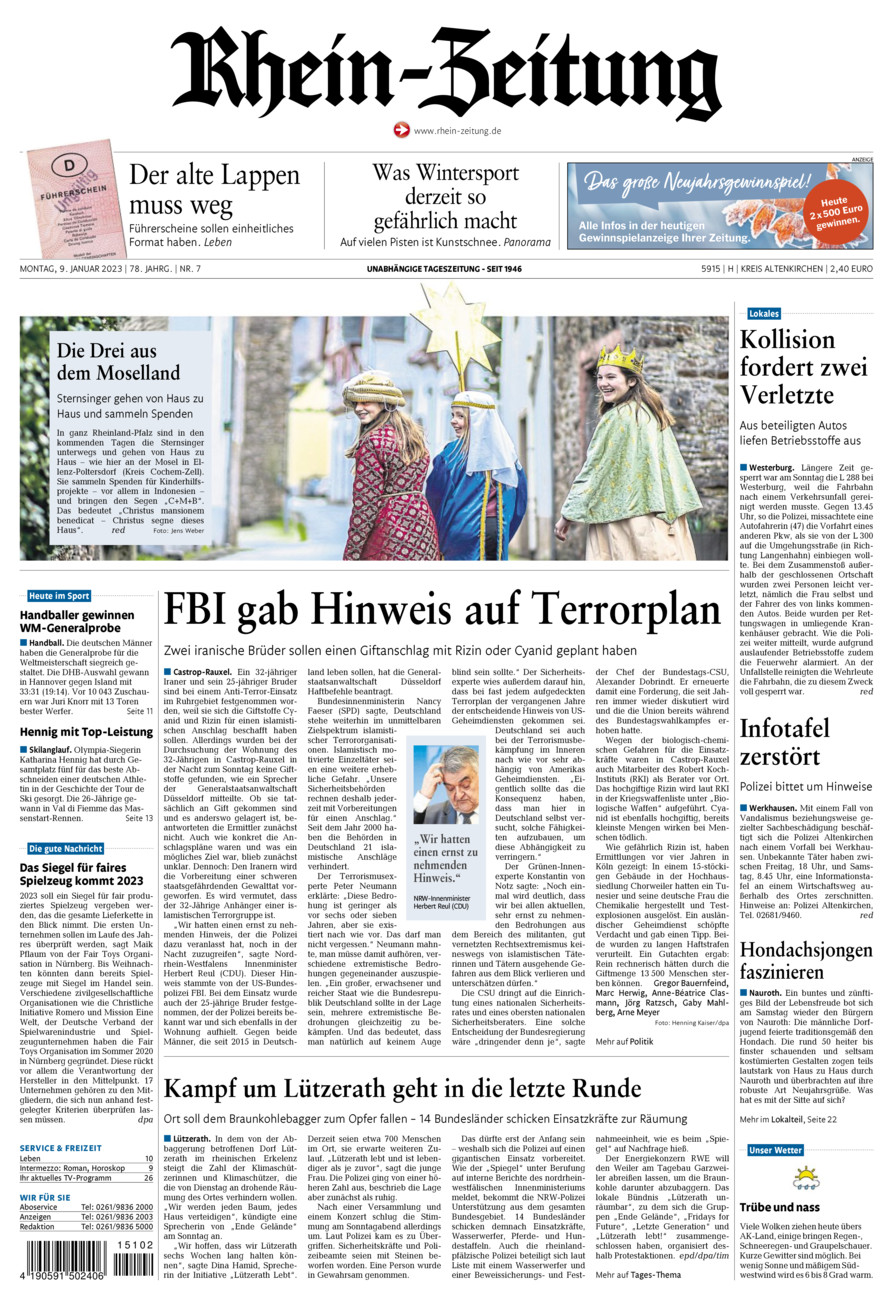 Rhein-Zeitung Kreis Altenkirchen vom Montag, 09.01.2023