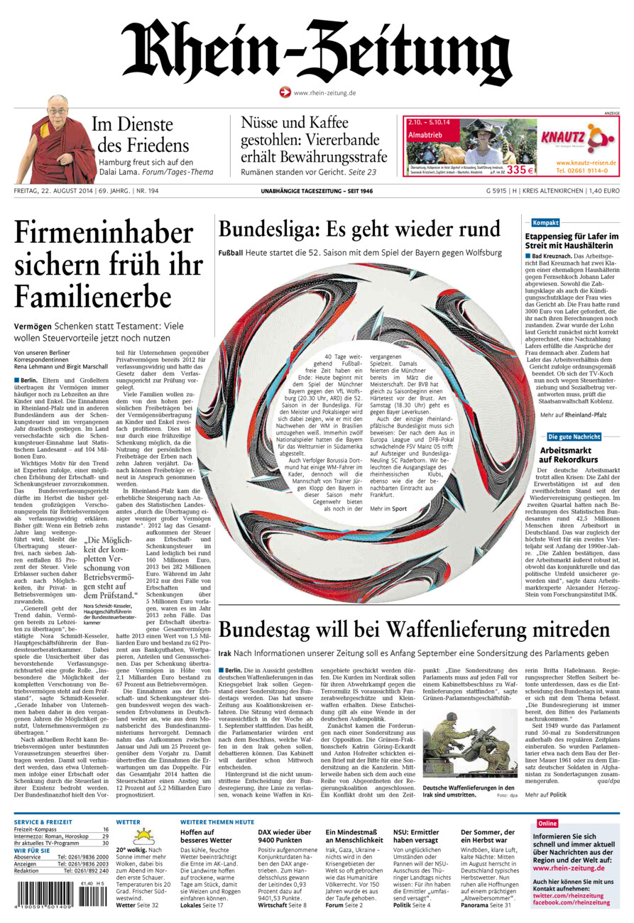 Rhein-Zeitung Kreis Altenkirchen vom Freitag, 22.08.2014