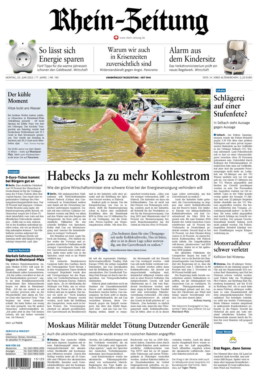 Rhein-Zeitung Kreis Altenkirchen vom Montag, 20.06.2022