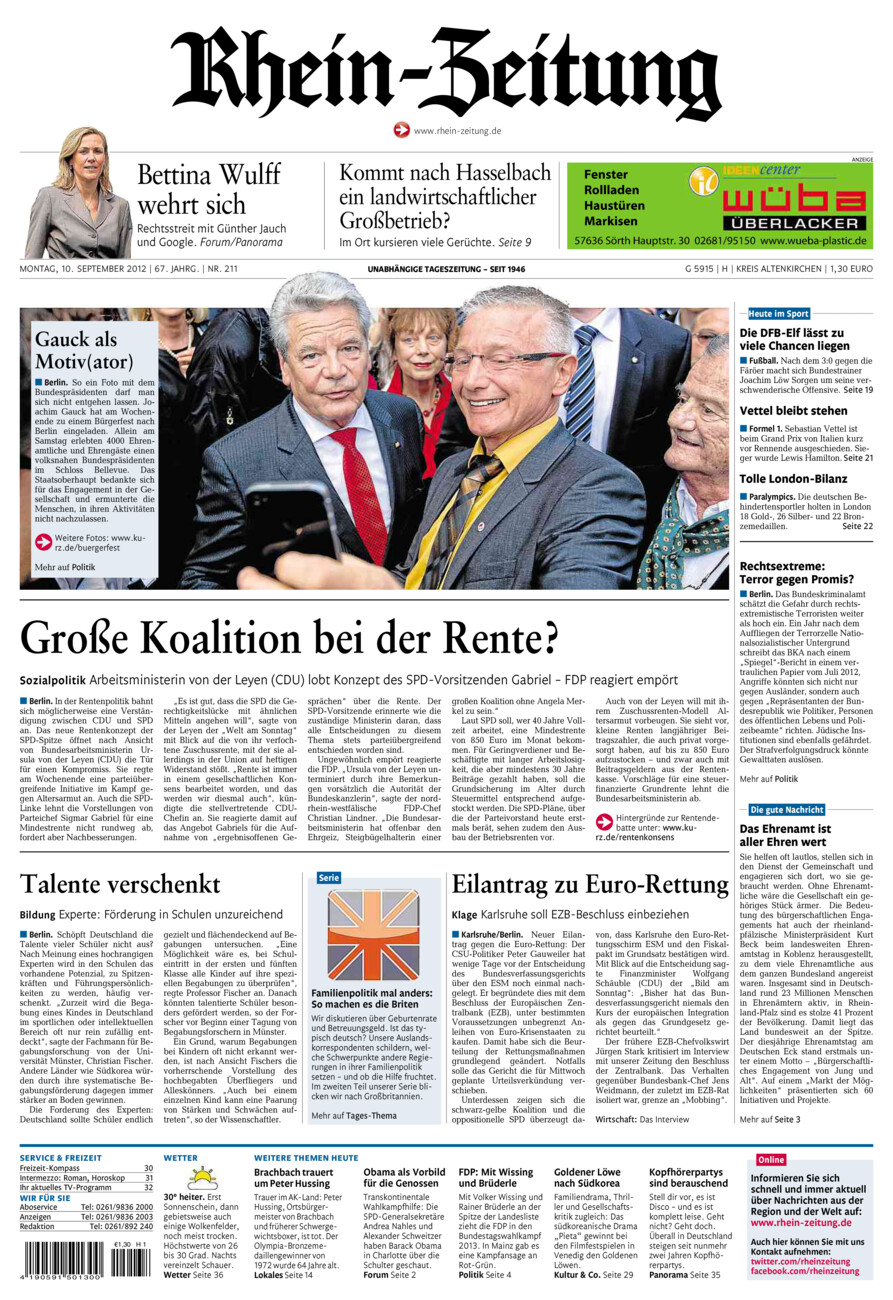 Rhein-Zeitung Kreis Altenkirchen vom Montag, 10.09.2012