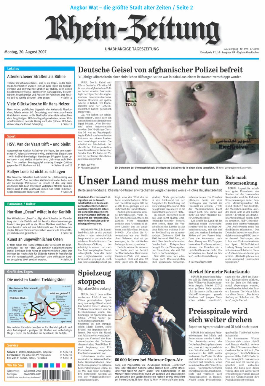 Rhein-Zeitung Kreis Altenkirchen vom Montag, 20.08.2007