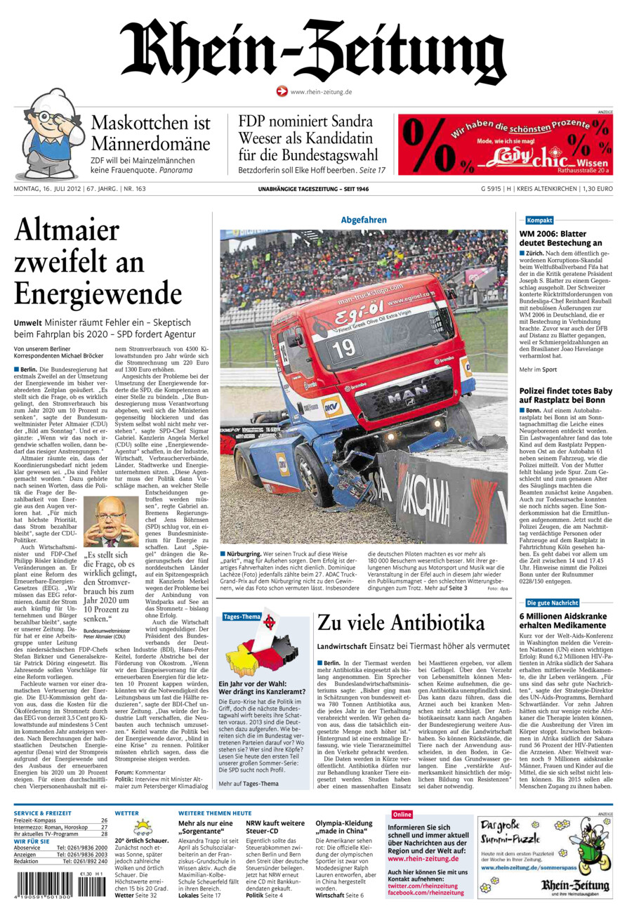 Rhein-Zeitung Kreis Altenkirchen vom Montag, 16.07.2012