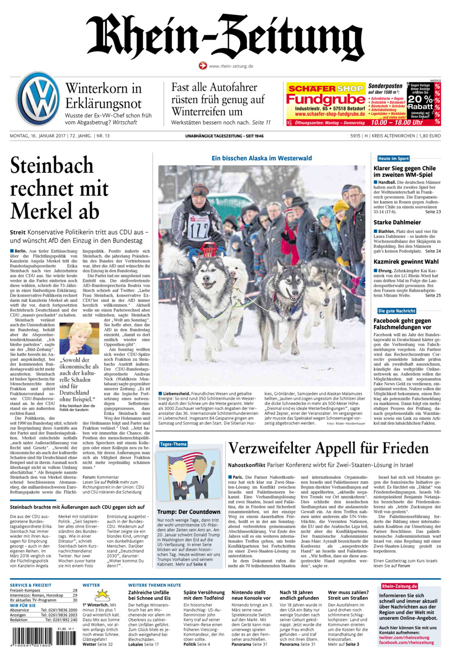 Rhein-Zeitung Kreis Altenkirchen vom Montag, 16.01.2017