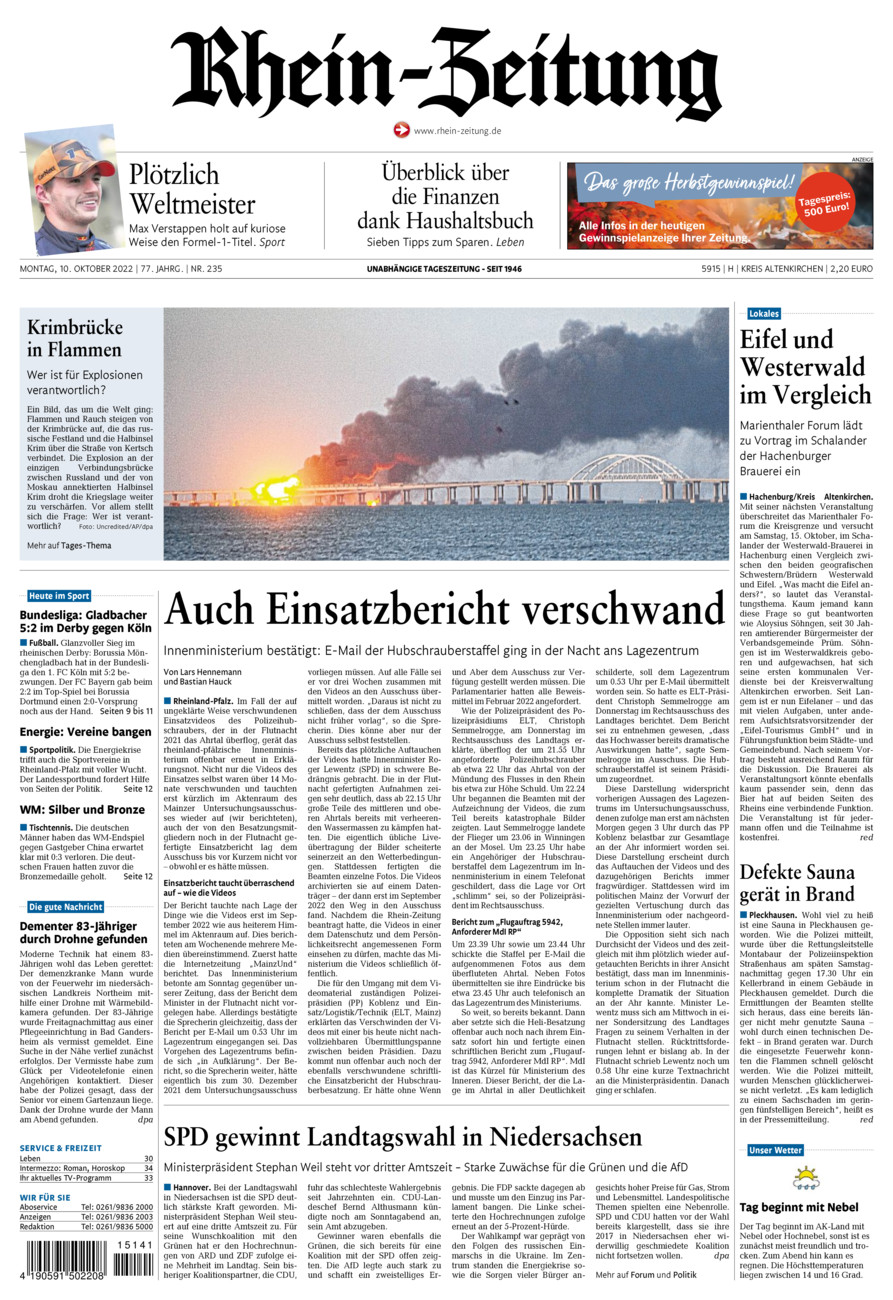Rhein-Zeitung Kreis Altenkirchen vom Montag, 10.10.2022