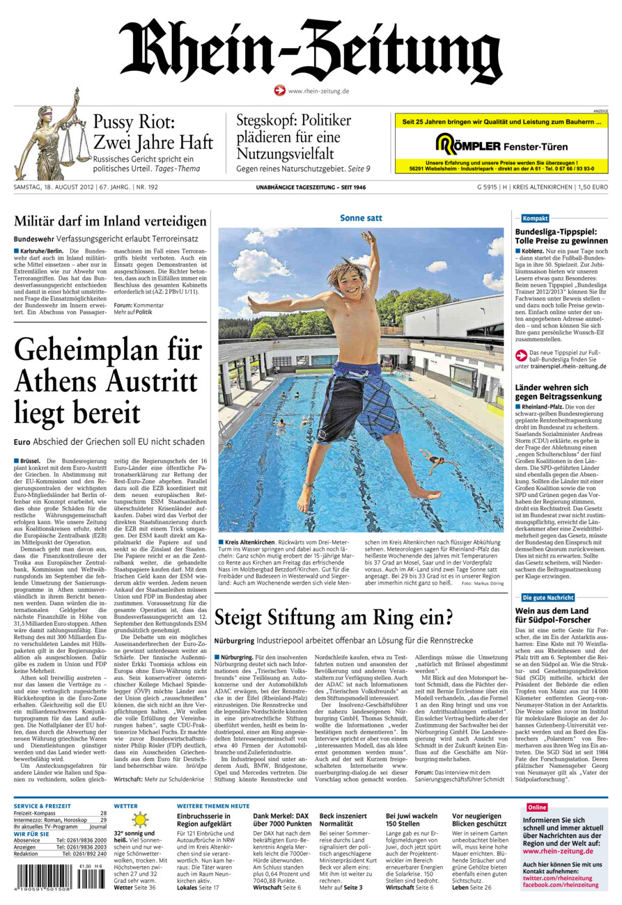 Rhein-Zeitung Kreis Altenkirchen vom Samstag, 18.08.2012