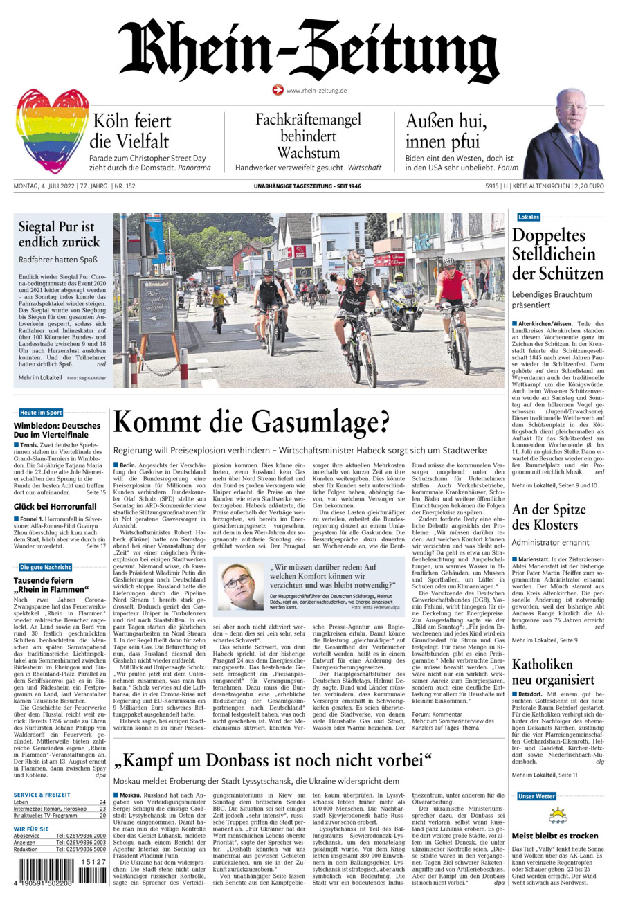 Rhein-Zeitung Kreis Altenkirchen vom Montag, 04.07.2022